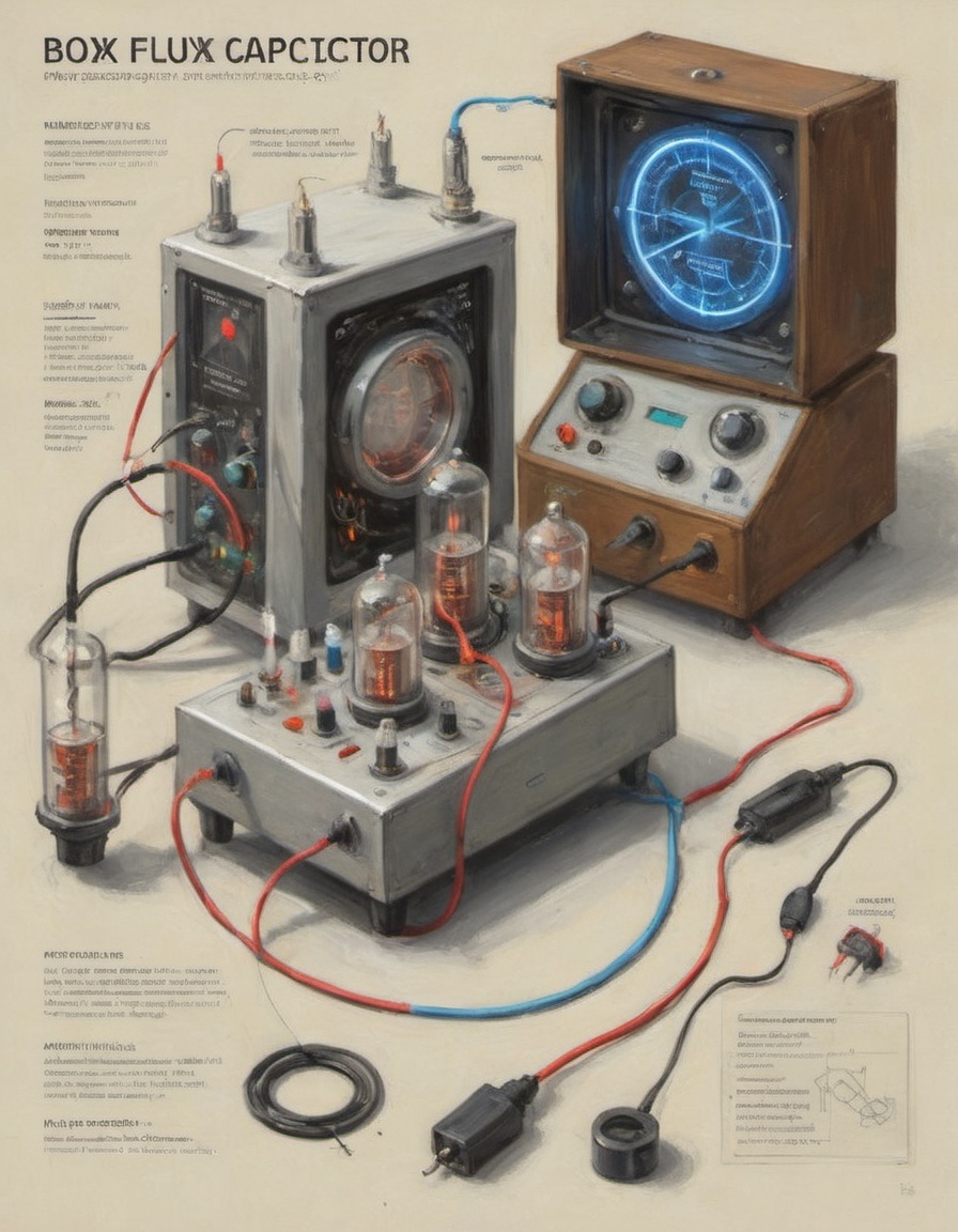 isometric diagram of a boxy flux capacitor with exposed vacuum tubes and an oscilloscope and digital display wiring electr...
