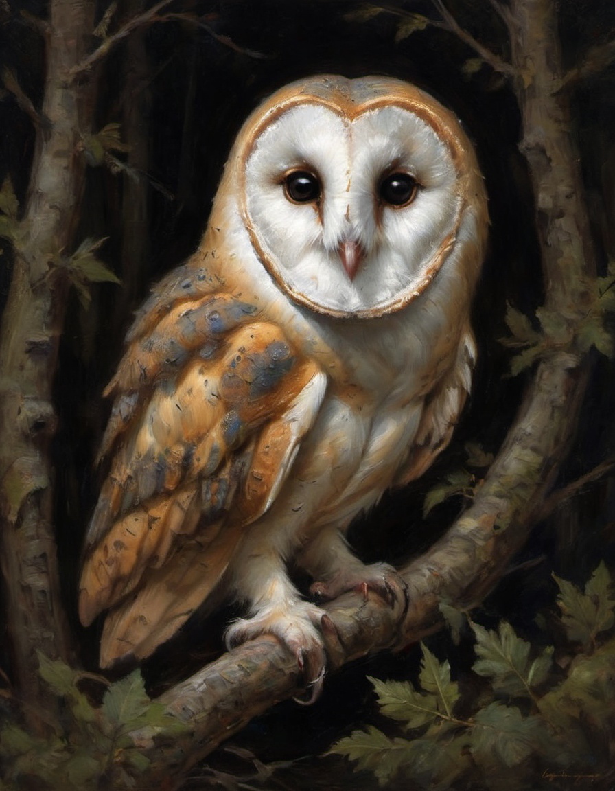 a barn owl emerging from the shadows of a nighttime forest on Tensor.Art