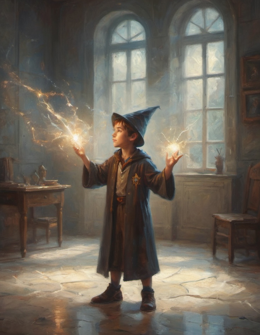 portrait of a boy wizard casting magic glowing magic trails and light dust bright marble and windowed room in the backgrou...