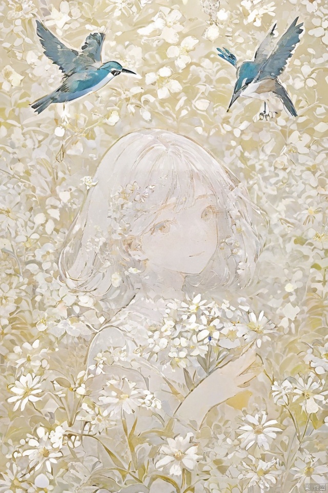 best quality,masterpiece,ultra high res,looking at viewer,simple background,
(official art, 8k wallpaper, ultra detailed, High quality, best quality),white flowers,1girl,from above,bird's-eye_view,vintage filter,among flowers,backlight,limited_palette,white,field s of flowers,,