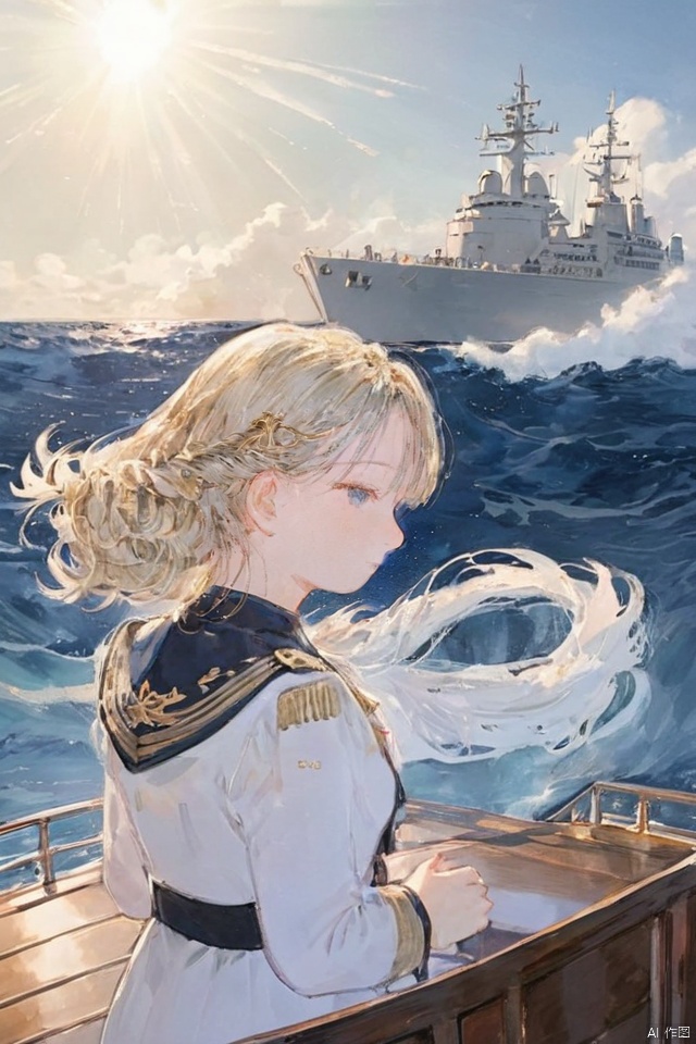 the half-updo beauty, wearing a naval uniform, standing on the deck of a warship with the sea breeze blowing through her hair
the sun is shining brightly, reflecting off the waves and creating a sparkling sea around the ship
