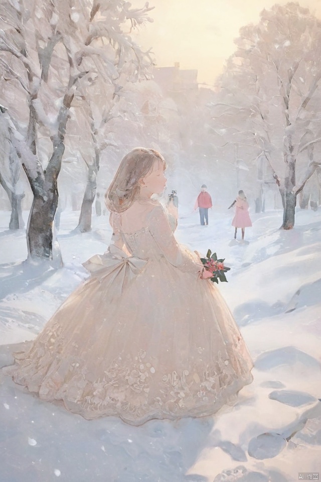 masterpiece, best quality, ultra high res, a beautiful woman in a lace dress in the winter snow, detailed description of the woman and dress, snow-covered environment, romantic and dreamy atmosphere, professional camera angles and composition.

