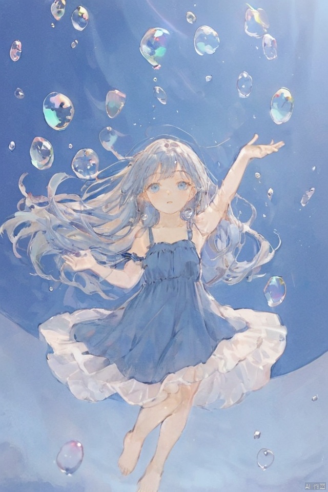 best quality,masterpiece,ultra high res,looking at viewer,simple background,
, isozaki Nana style,(long hair:1.2),solo,expressionless,blue eyes,looking_up,shoulder strap dress,floating hair,floating clothes,god rays,bubble,barefoot,outstretched arm,perfect hands,