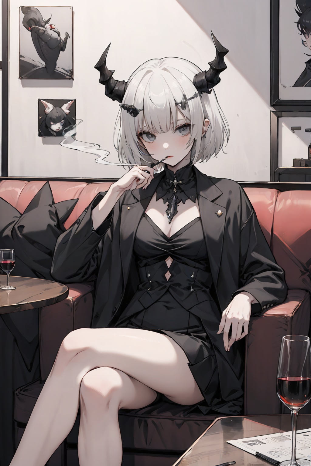  (boss, black suit:1.5, western-style clothes, suit:1.3, smoking girl, )corpse, on_couch, table, indoors, sitting, hole_in_chest, crossed_legs, jitome, wine_glass, blood_on_hands,short hair, grey eyes, horns, white hair, multicolored hair,Icelos