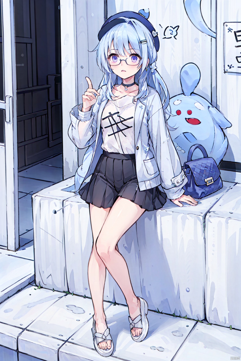  1girl,long hair,purple eyes,blue hair,whale,bag,choker, clothes_writing, earrings, fashion, glasses, greyscale, hair_ornament, hat, jacket, jewelry,long_sleeves, puffy_long_sleeves, sandals, shoes,sneakers, whale