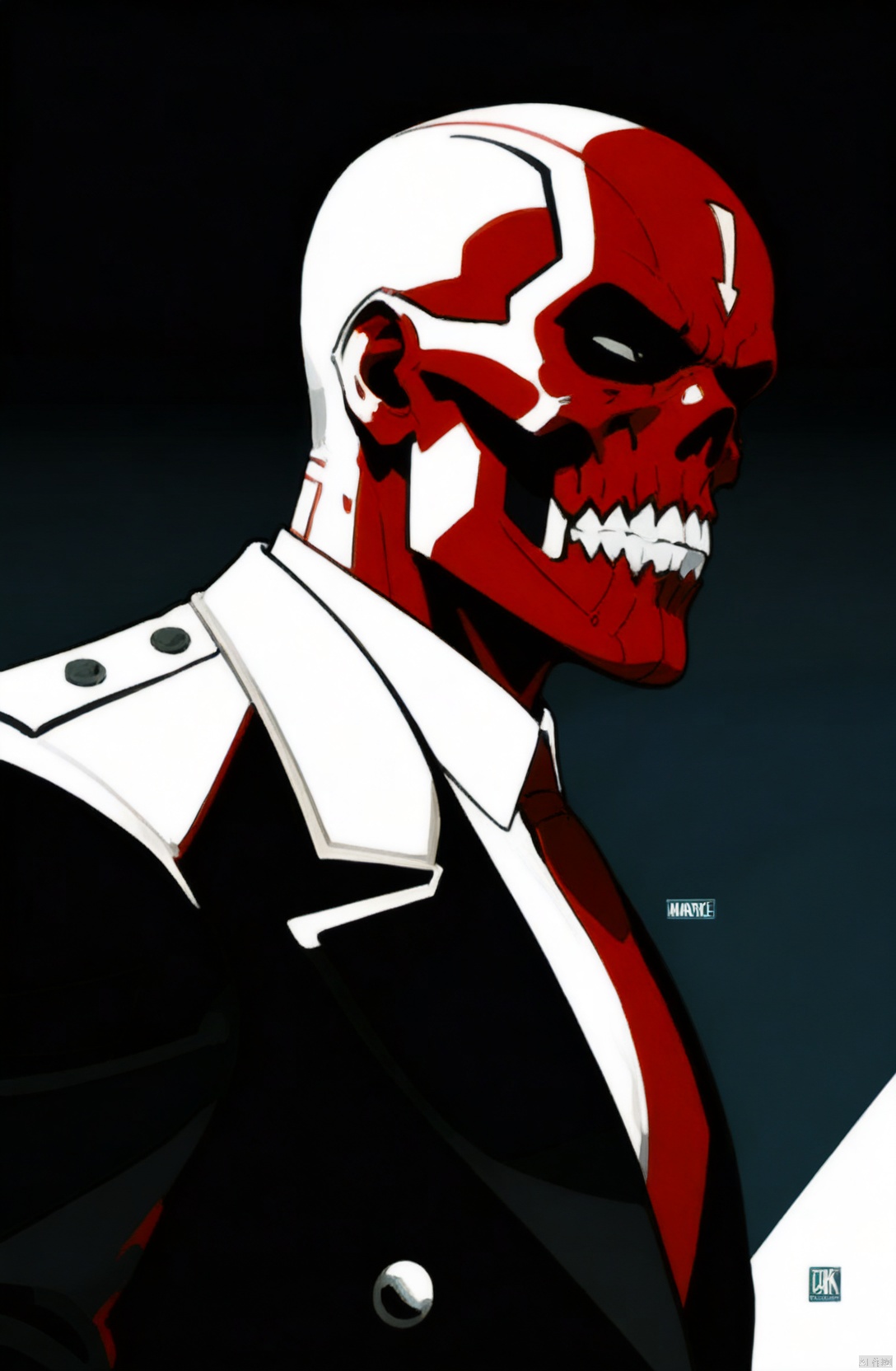 Jim Mahfood, Red Skull Character, Marvel, still wide angle, action shot, concept art, overlaps, detailed face, poster, extra bold lines, hyper detailed, flat vector, ((Line art drawing)), professional, sleek, modern, ultra minimalist, graphic, line art, vector graphics, very fine 8K CG, flat design, (strange but extremely beautiful:1.4), (masterpiece, best quality:1.4), solid black background,