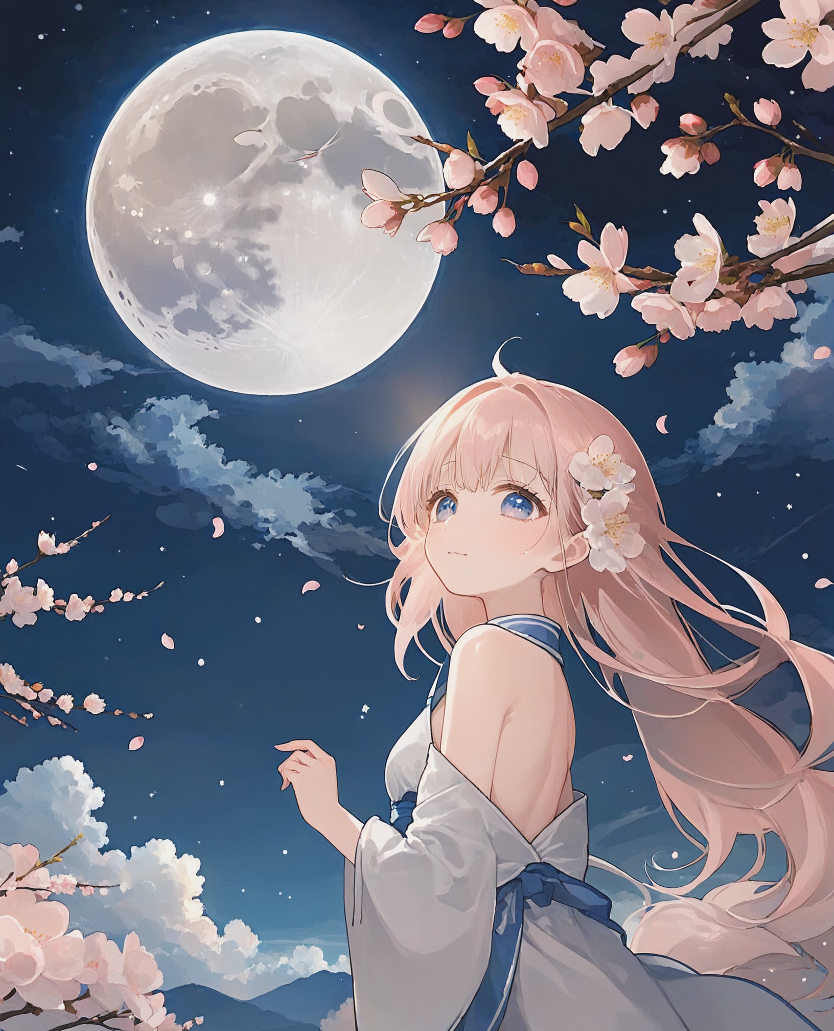 cherry blossoms,cloud,full moon,looking at viewer,moon,moonlight,night,night sky,outdoors,petals,blue moon,rose petals,sky,star sky,starry sky,sun,