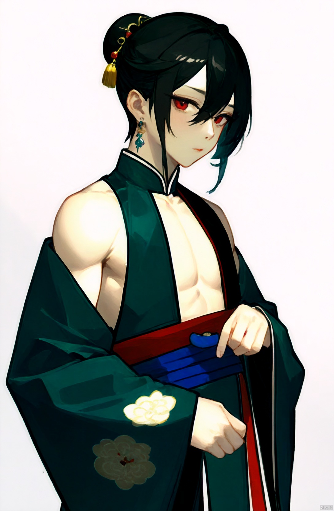 wlop,1 man,upper body,femboy,solo,wearing a chinese traditional cloth,bare upper body,nude upper body