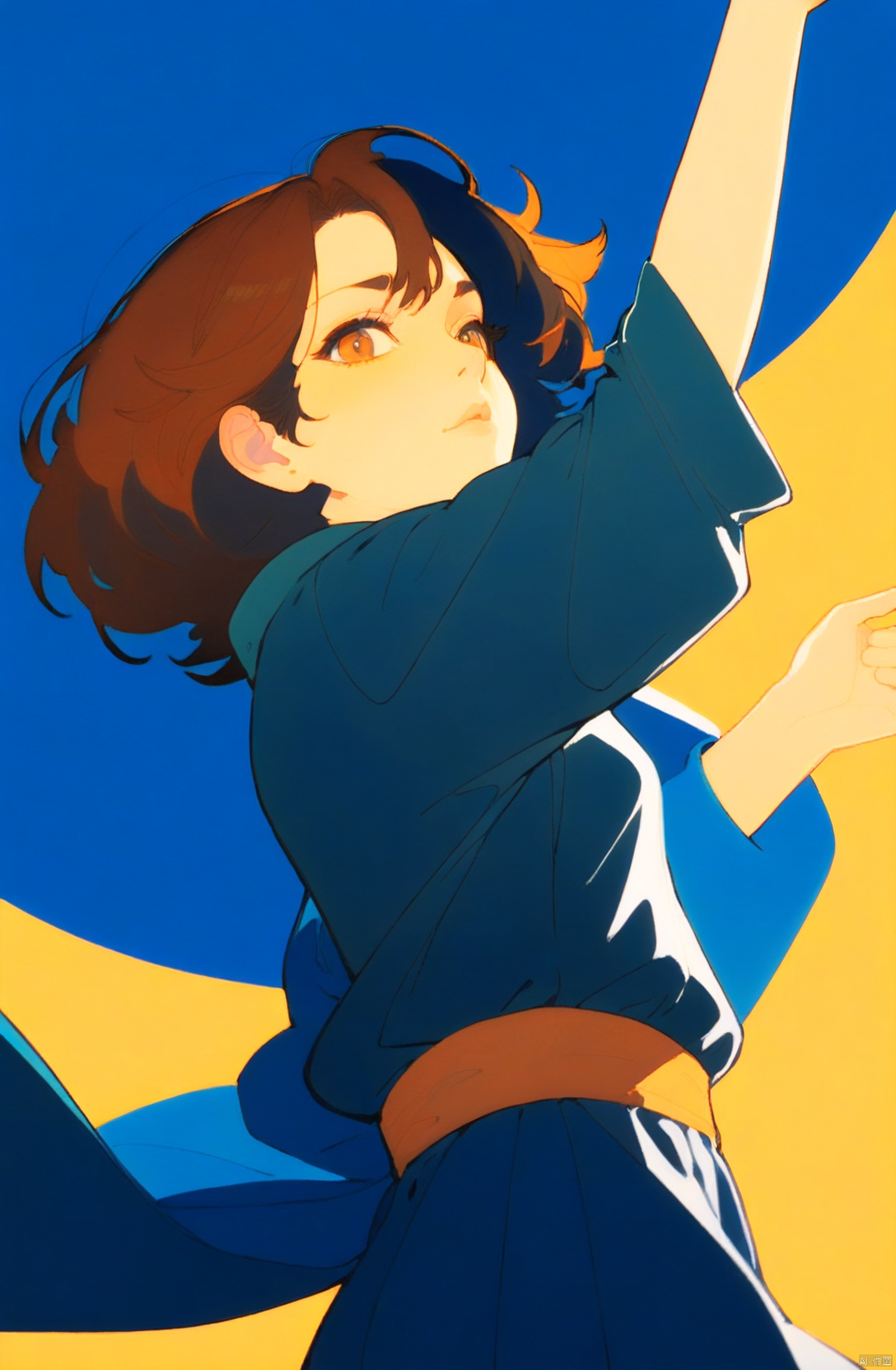  Minimalist illustration, a beautiful woman, gorgeous hazel eyes with a hint of green staring at the viewer, muse of the arts, dancing linework, resonating with a secret tune, orange blue gradient background, highly detailed, deep darks, high contrast, masterpiece, 8k, French vibe, art by Hayao Miyazaki AND Phil Noto