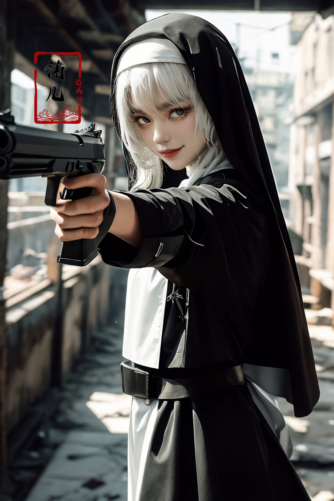 xuer pistol,  white hair,  evil smile on Tensor.Art