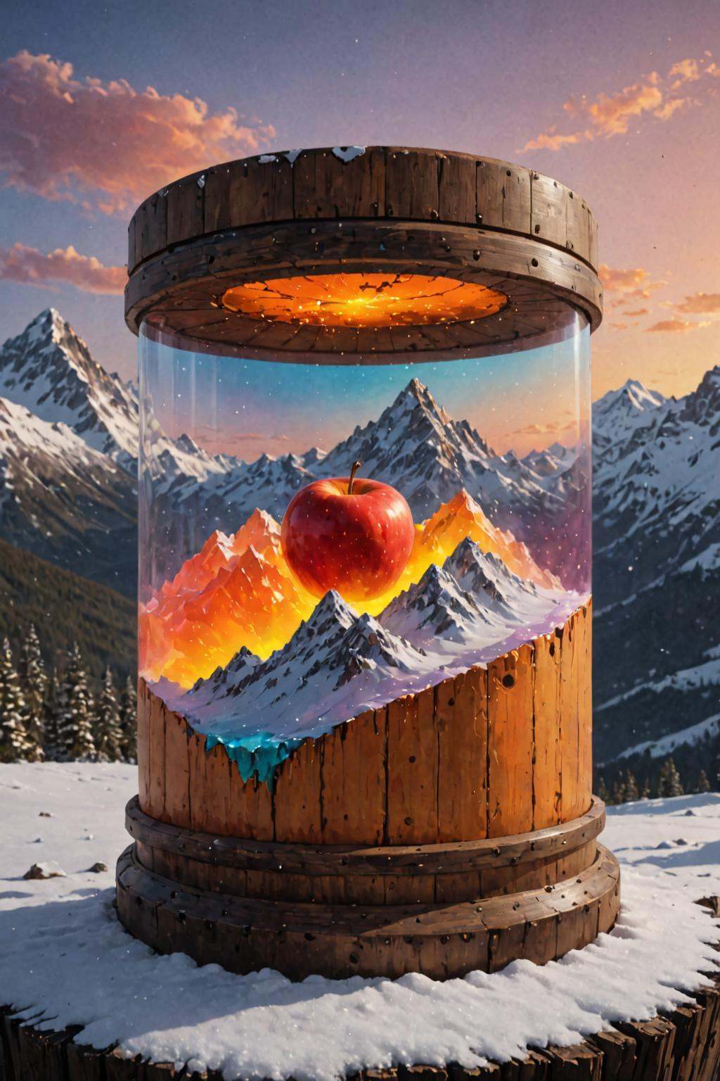 contained color,  snowy mountain background,  apple in a large wooden container with ( orange glass) by wonderfulbody on T...