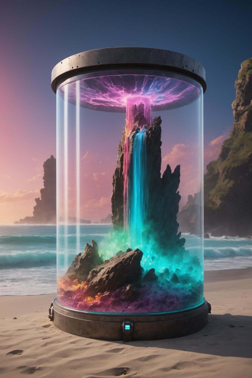 contained color,  (beach background),  a large glass futuristic container with a waterfall inside by wonderfulbody on Tens...