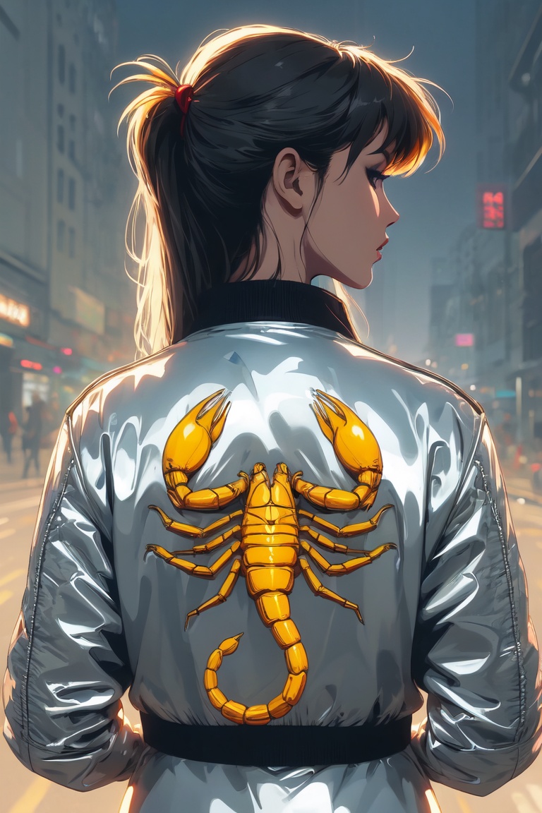 Silver jacket,  yellow scorpion printed on the back,  back angle on Tensor.Art