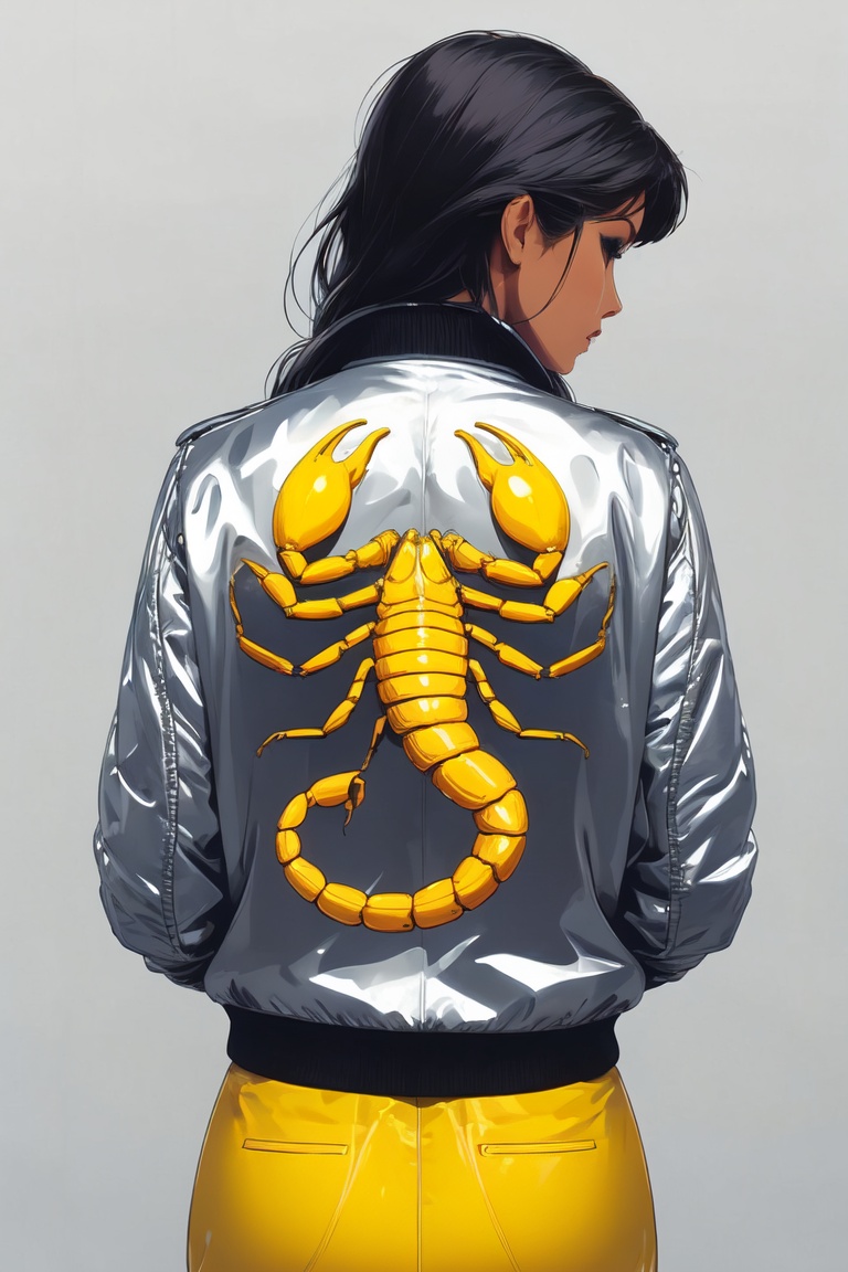 Silver jacket,  yellow scorpion printed on the back,  back angle on Tensor.Art