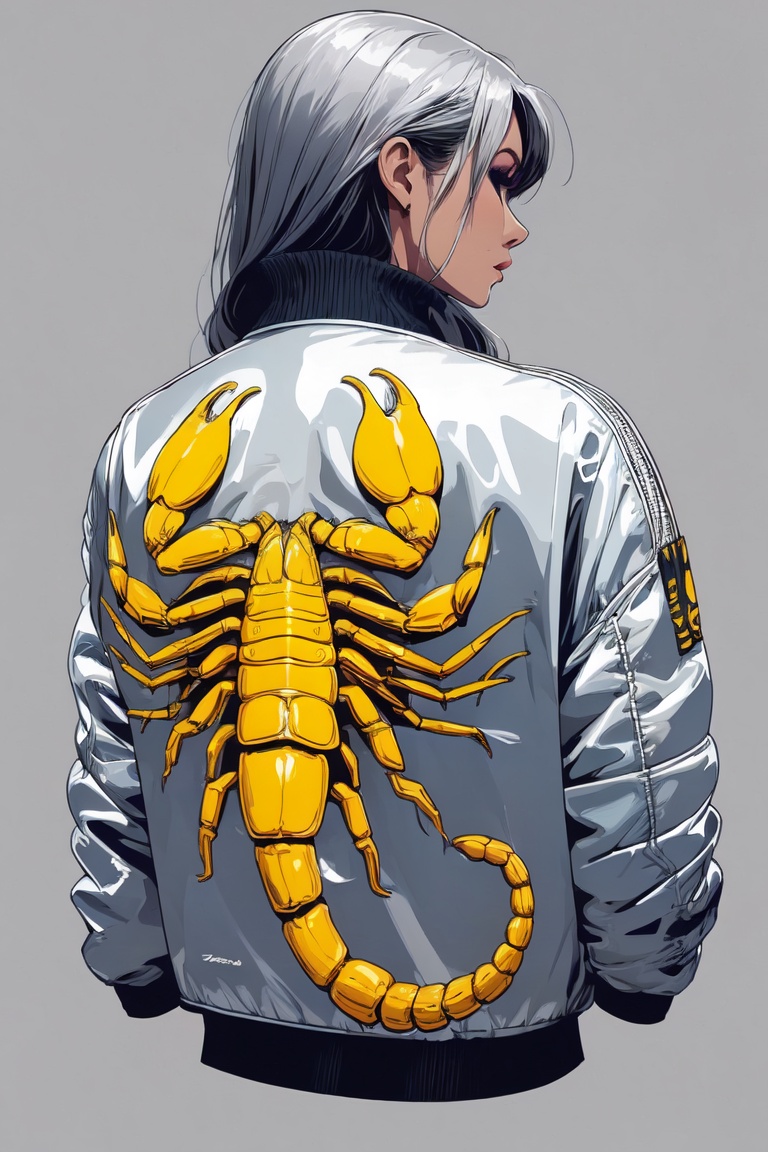 Silver jacket,  yellow scorpion printed on the back,  back angle on Tensor.Art