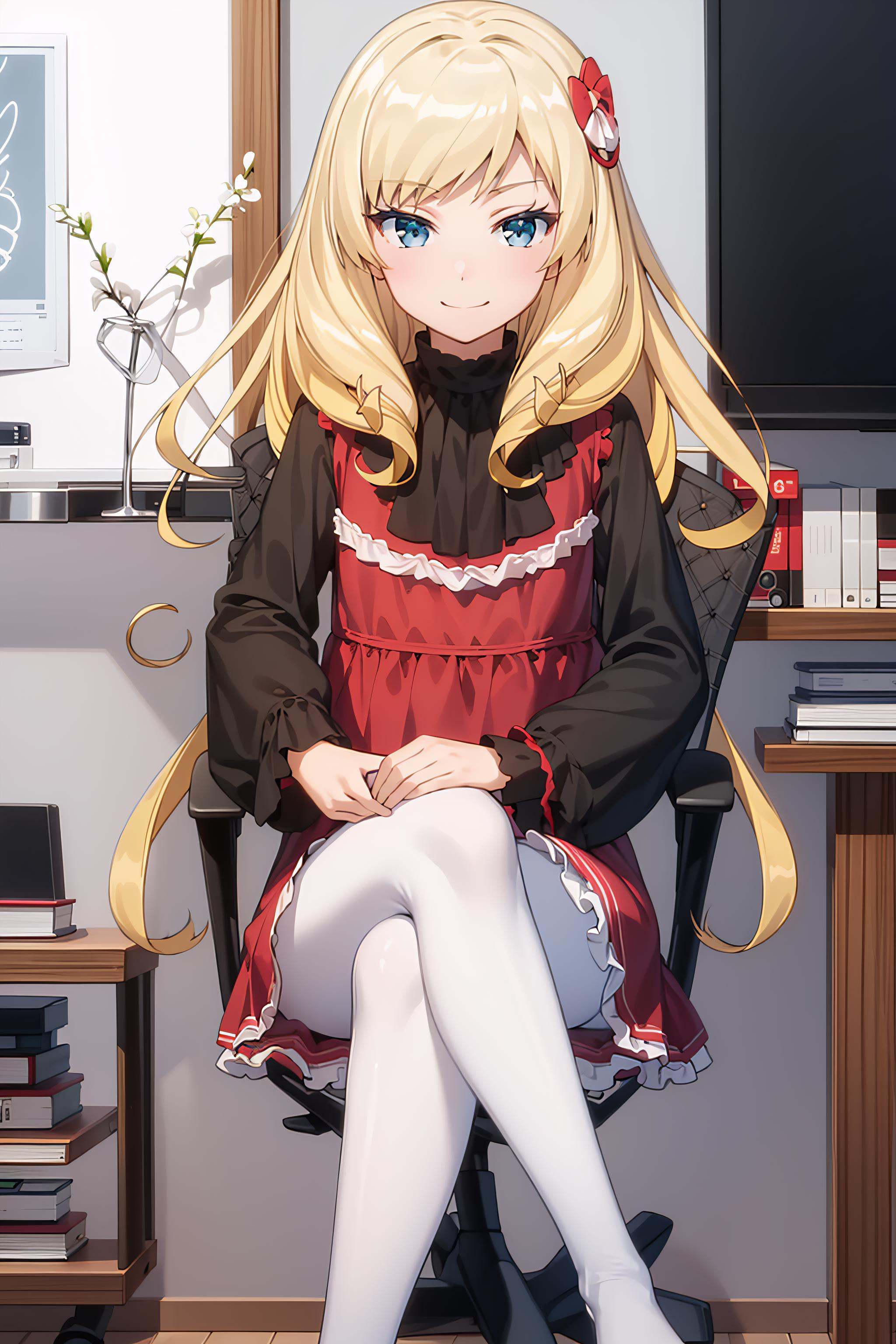 best quality, masterpiece, detailed,<lora:ImoutoSaeIrebaIi_OonoAshley:1>, OonoAshley,solo, closed mouth, light smile,blonde hair, blue eyes, long hair, hair ornament,black shirt, red dress, white pantyhose,sitting, crossed legs, looking at the viewer,indoors, chair, bookshelf, table, computer