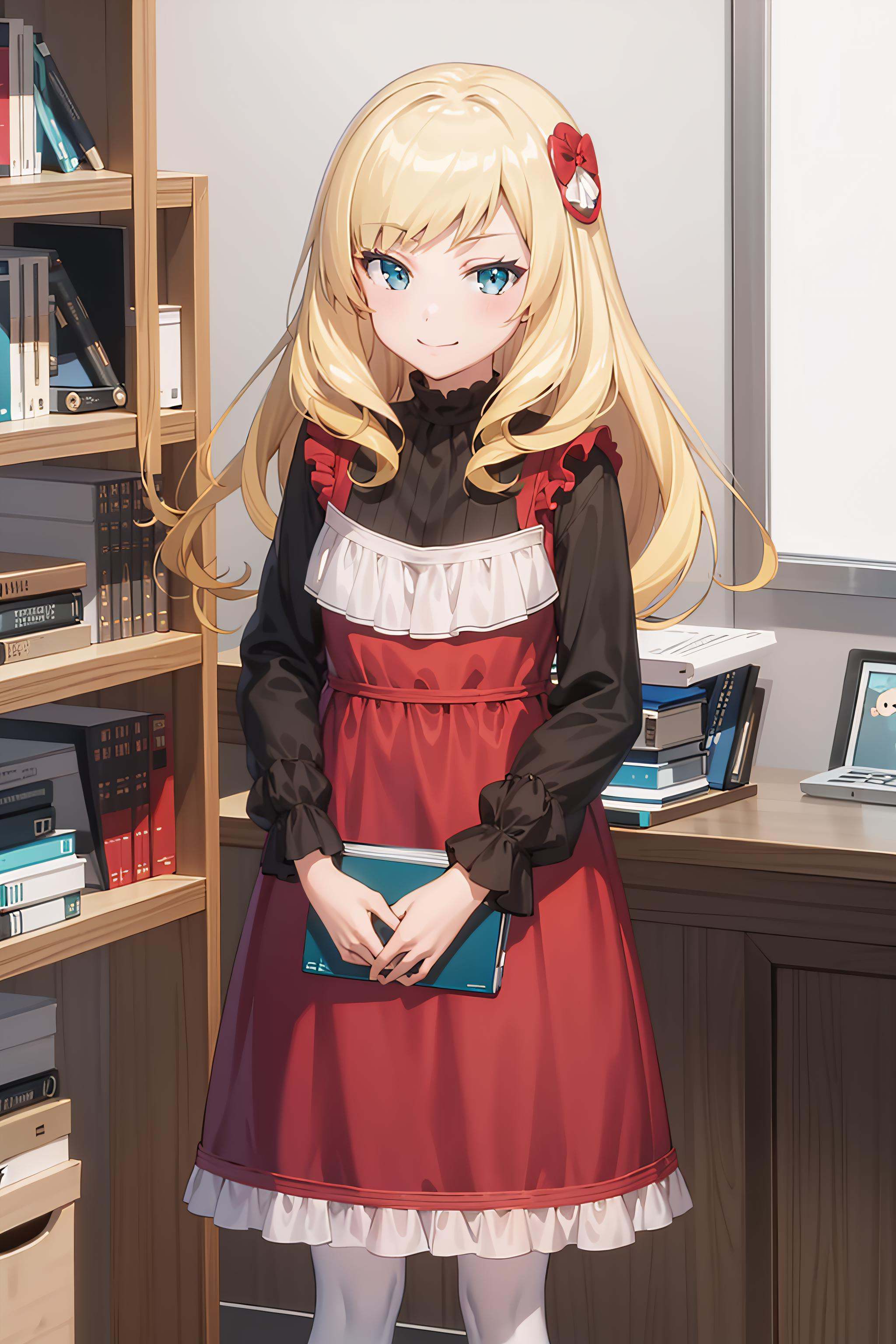 best quality, masterpiece, detailed,<lora:ImoutoSaeIrebaIi_OonoAshley:0.9>, OonoAshley,solo, closed mouth, light smile,blonde hair, blue eyes, long hair, hair ornament,black shirt, red dress, white pantyhose,standing, looking at the viewer,indoors, bookshelf, table, computer