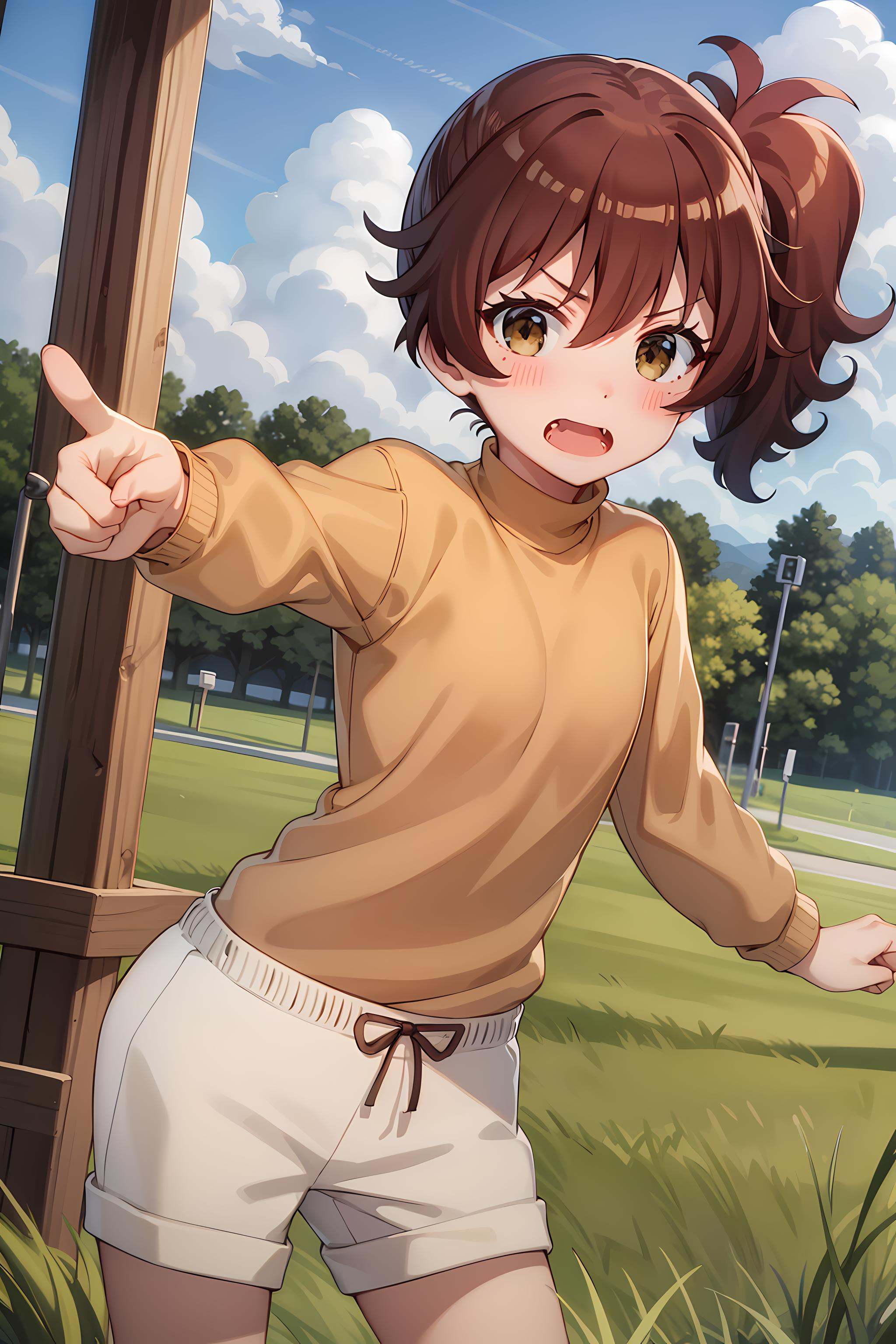 best quality, masterpiece, detailed,<lora:ImoutoSaeIrebaIi_HarutoImouto-000010:0.8>, HarutoImouto,solo, open mouth, blush,brown hair, brown eyes, side ponytail, fang,turtleneck, orange sweater, white shorts,standing, pointing at viewer, looking at viewer,outdoors, sky, grass, clouds
