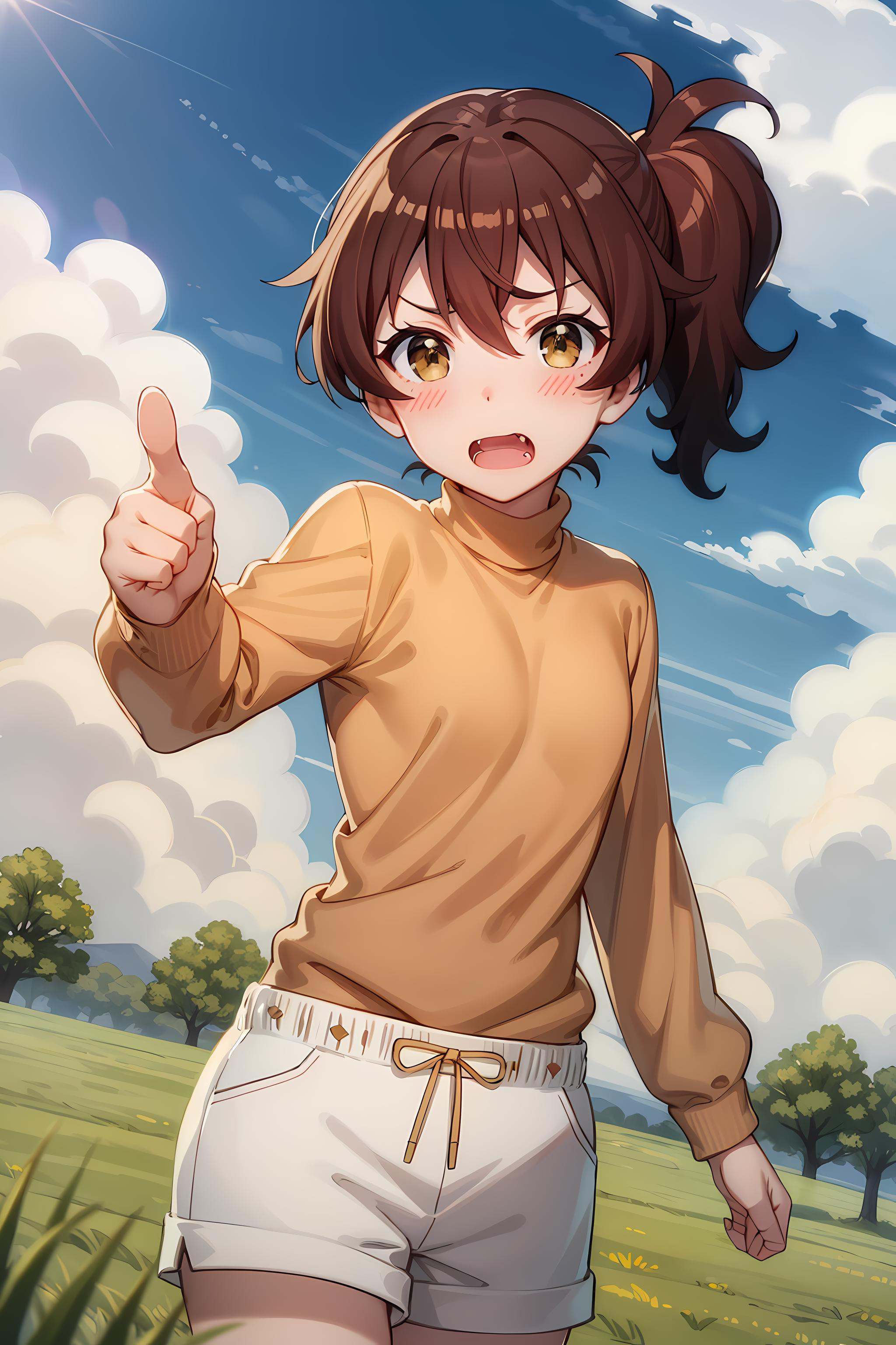 best quality, masterpiece, detailed,<lora:ImoutoSaeIrebaIi_HarutoImouto-000010:0.8>, HarutoImouto,solo, open mouth, blush,brown hair, brown eyes, side ponytail, fang,turtleneck, orange sweater, white shorts,standing, pointing at viewer, looking at viewer,outdoors, sky, grass, clouds