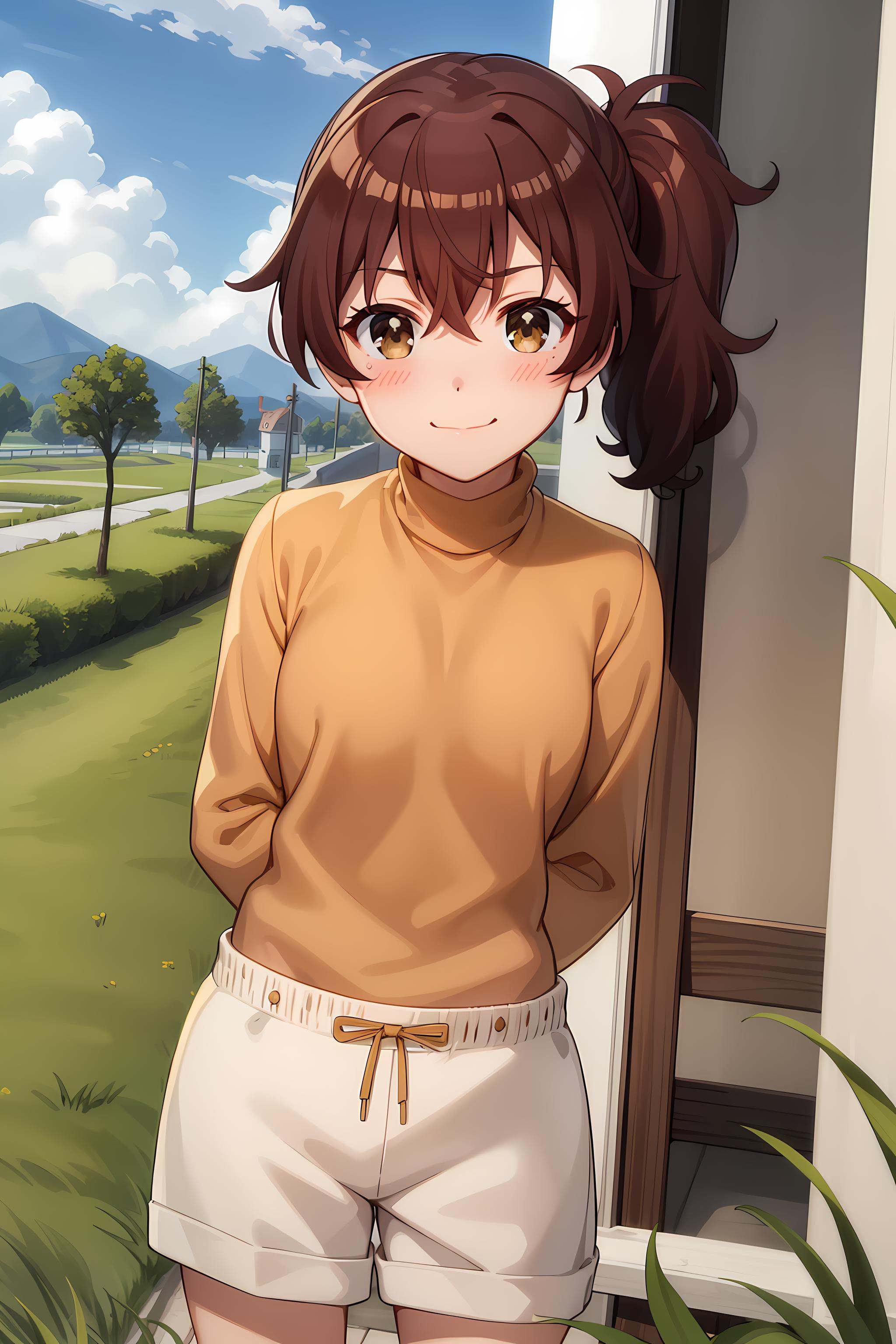 best quality, masterpiece, detailed,<lora:ImoutoSaeIrebaIi_HarutoImouto-000010:0.8>, HarutoImouto,solo, closed mouth, blush, light smile,brown hair, brown eyes, side ponytail,turtleneck, orange sweater, white shorts,standing, arms behind back, looking at viewer,outdoors, sky, grass, clouds