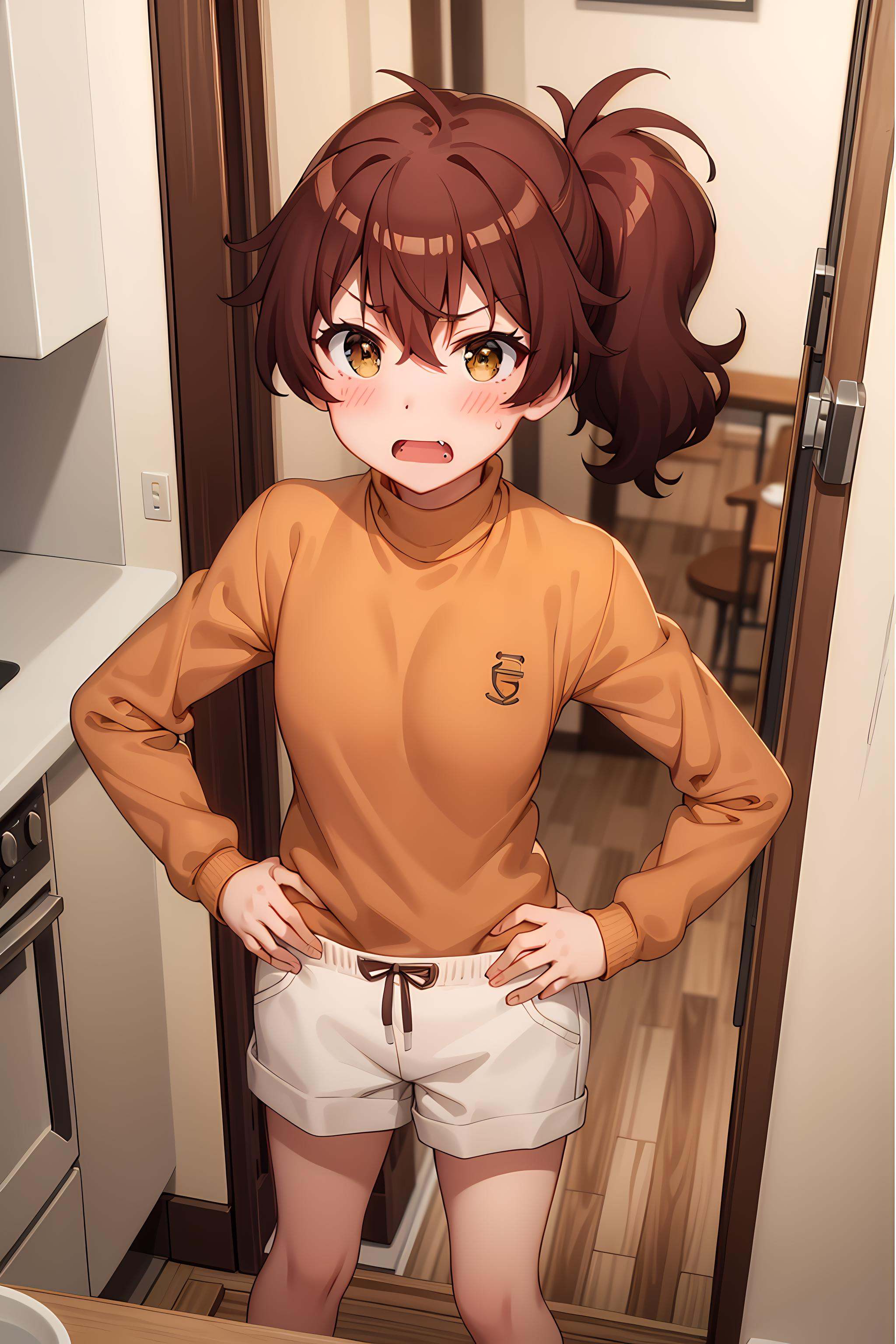 best quality, masterpiece, detailed,<lora:ImoutoSaeIrebaIi_HarutoImouto-000010:0.8>, HarutoImouto,solo, open mouth, blush,brown hair, brown eyes, side ponytail, fang,turtleneck, orange sweater, white shorts,standing, hands on hips, looking at the viewer,indoors, kitchen 