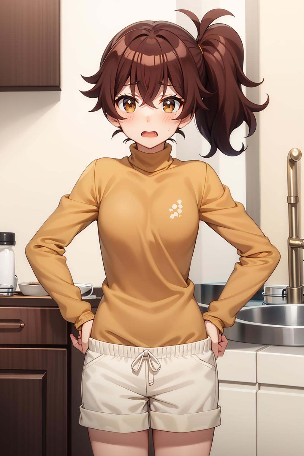 best quality, masterpiece, detailed,<lora:ImoutoSaeIrebaIi_HarutoImouto:1>, HarutoImouto,solo, open mouth, blush,brown hair, brown eyes, side ponytail, fang,turtleneck, orange sweater, white shorts,standing, hands on hips, looking at the viewer,indoors, kitchen