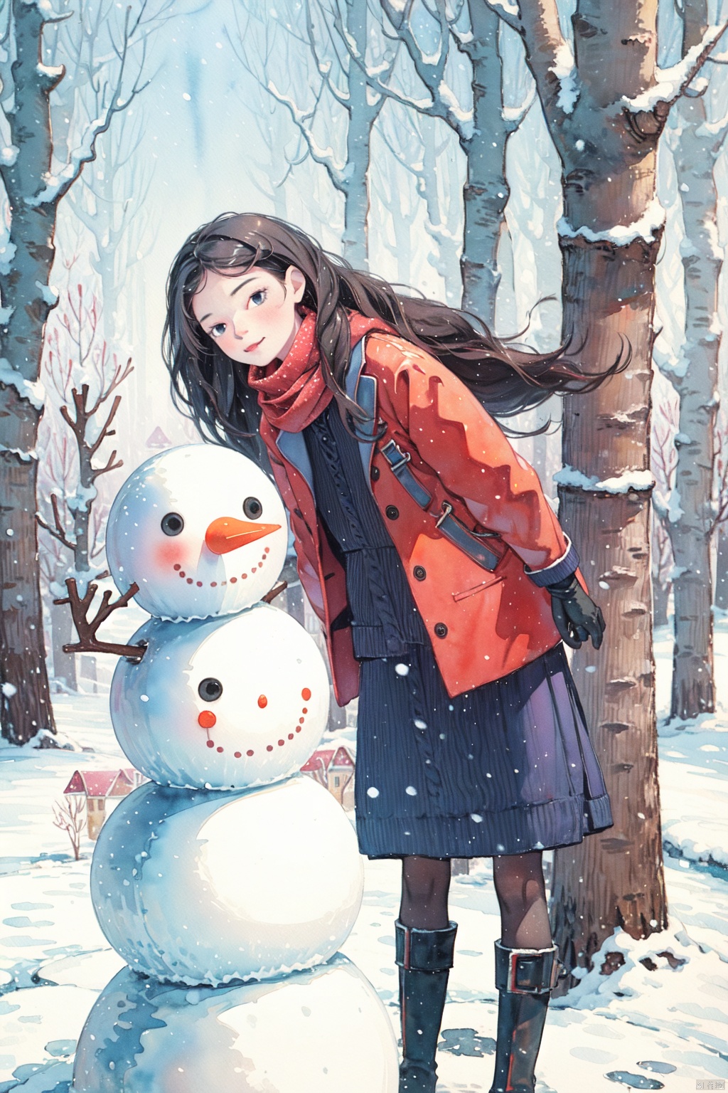 A girl with long hair, a scarf, a red coat, gloves, boots, she is a snowman, the forest is in the distance, it is snowing,watercolor