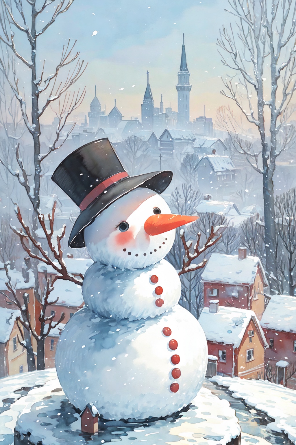 A snowman wearing a hat and mittens, a small bird landing on its arm, and a row of low red houses in the distance, with a fir forest behind the houses. Watercolor Style