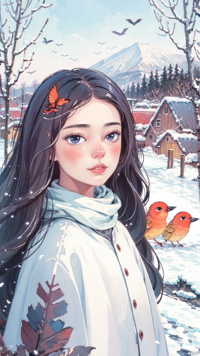  8K, best qualtiy, masterpiece, photograph realistic, 1 birds, 1girl, old trees, red plum, flying birds, distant mountains, Covered with snow, cloaks, high high quality, Adobe Lightroom, highdetailskin, looking at viewert,(full frame)