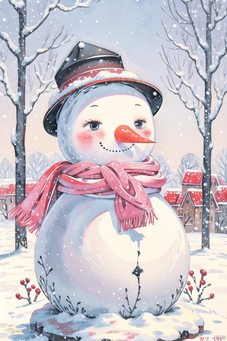  snowman, snow, no humans, hat, snowflakes, scarf, winter, snowing, blush, solo, smile, outdoors, winter clothes, tree, CGArt Illustrator