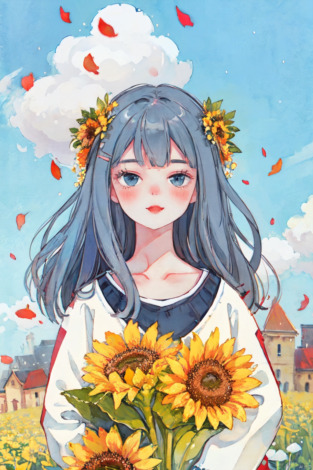  1 girl,flowers (innocent grey),Sky blue hair,standing,1girl, bangs, blue_sky, blush, bouquet, breasts, city, cityscape, cloud, cloudy_sky, collarbone, confetti, daisy, day, falling_petals, fence, ferris_wheel, field, flower, flower_field, hair_ornament, hairclip, holding, holding_flower, house, jacket, leaves_in_wind, long_hair, long_sleeves, looking_at_viewer, open_clothes, open_jacket, outdoors, petals, rose_petals, sky, skyline, skyscraper, smile, solo, sunflower, tower, upper_body, wind, windmill, yellow_flower, (wide shot, mid shot, panorama), blurry,Nebula, flowing skirts,（smoke）,Giant flowers, light master, CGArt Illustrator