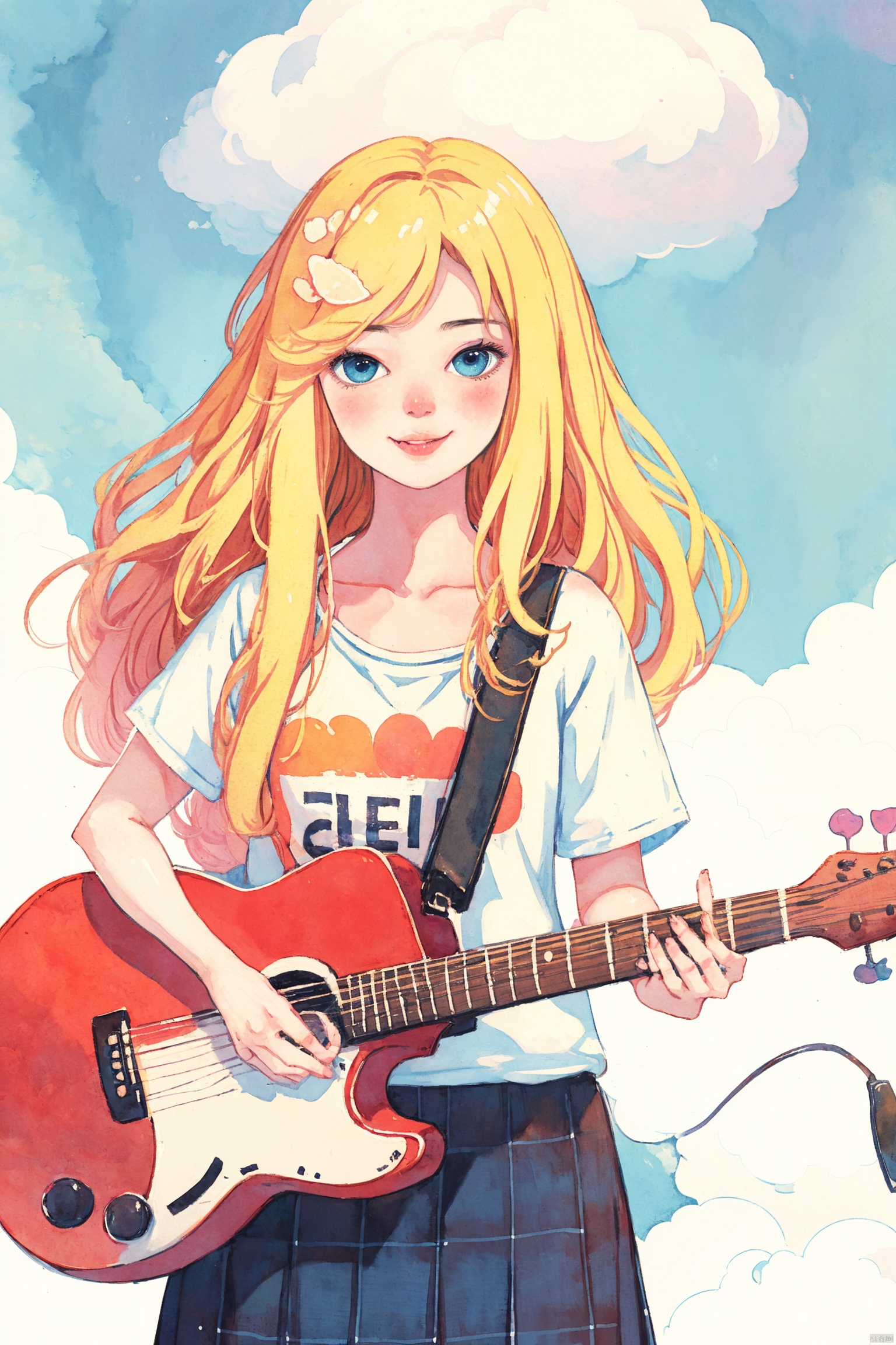  A girl with long blonde hair and blue eyes poses in front of a camera, wearing a white shirt and a black skirt. She has a cute smile and a mole on her left cheek. She holds a microphone in her right hand and a guitar in her left hand. She is a singer-songwriter who loves music and dreams of becoming a star. She is Nμ, a character from the anime "Love Live! Nijigasaki High School Idol Club", CGArt Illustrator