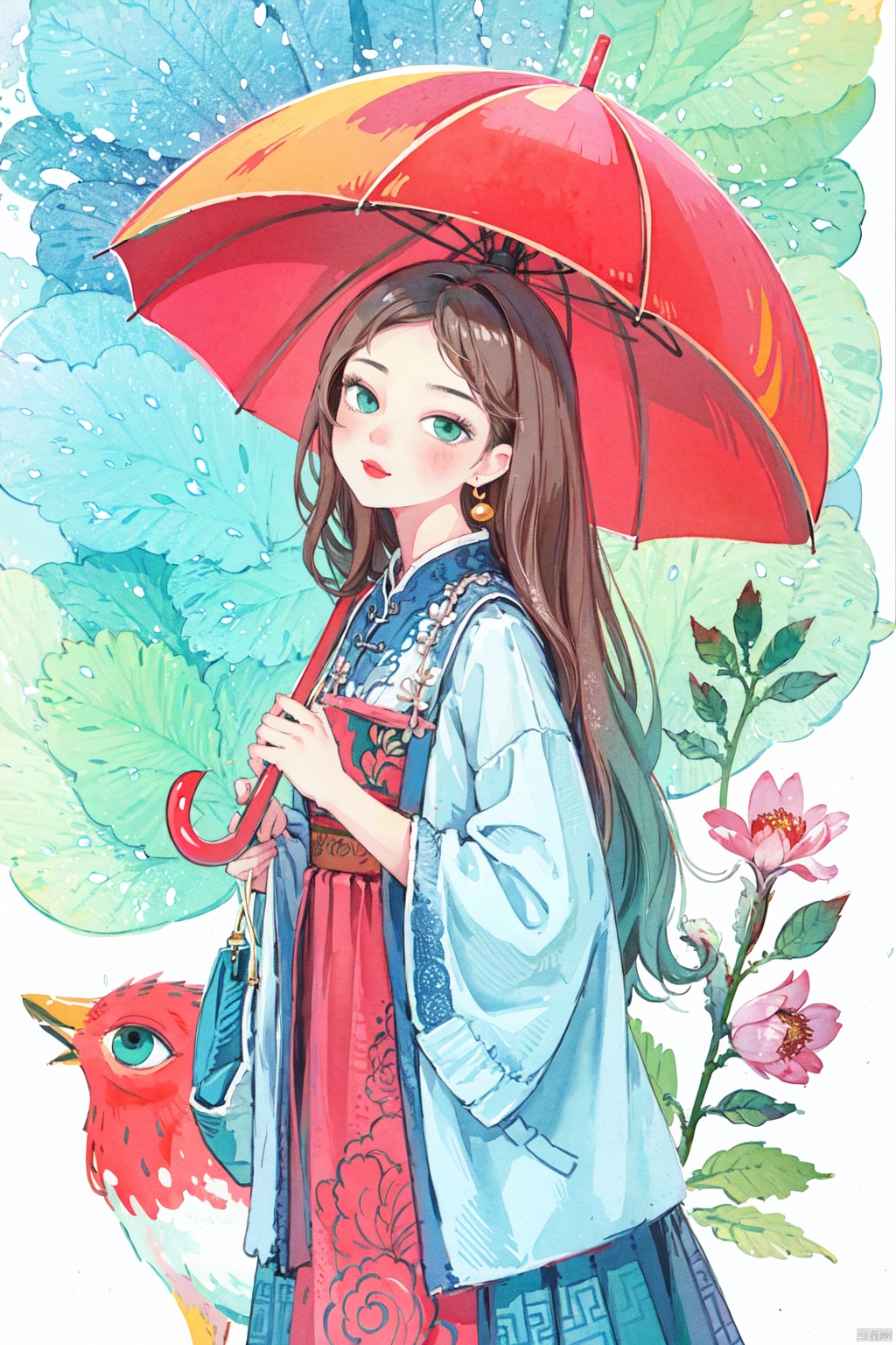  1girl, brown_hair, chinese_clothes, dress, earrings, flower, green_eyes, hair_ornament, holding, holding_umbrella, CGArt Illustrator