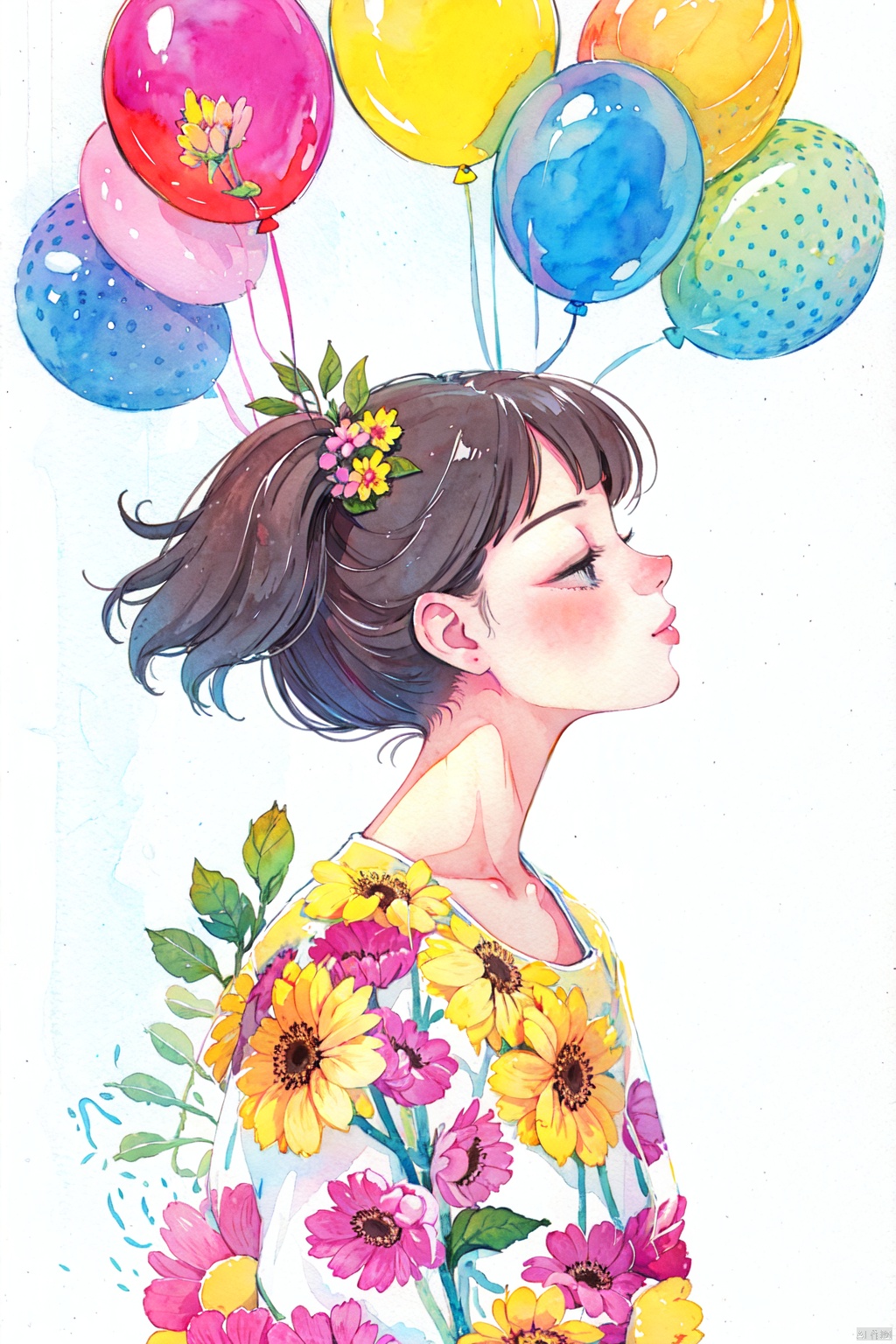  1girl, cute, cute, happy, cat, balloon, clearness,watercolor