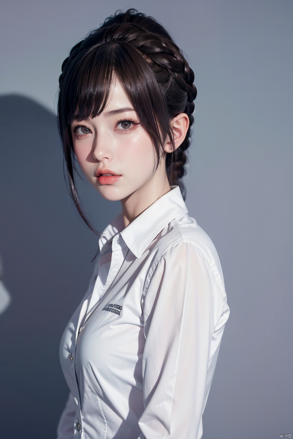 Masterpiece,Ultra HD,Best,(Wallpaper),8K,High Detail Skin,Ultra Detail,High Resolution,Perfect Detail Face,Shining Skin,1Girl,Solo,(Perfect Anatomy),(Perfect Ratio/Perfect Body),Mid Chest,full_shot,,looking at viewer,brown hair,school uniform,jacket,shirt,bangs,white shirt,