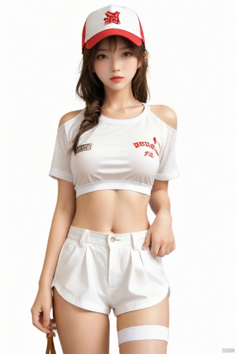  g005, nude, nipples, *****,masterpiece, best quality, very detailed CG unified 8k wallpaper,
 hat, shorts, brown eyes, brown hair, whistle, thighhighs, wristband, baseball cap, navel, long hair, midriff, belt, shirt, hand on hip, lips, white shorts, tied shirt, shoes.,<lora:660447824183329044:1.0>