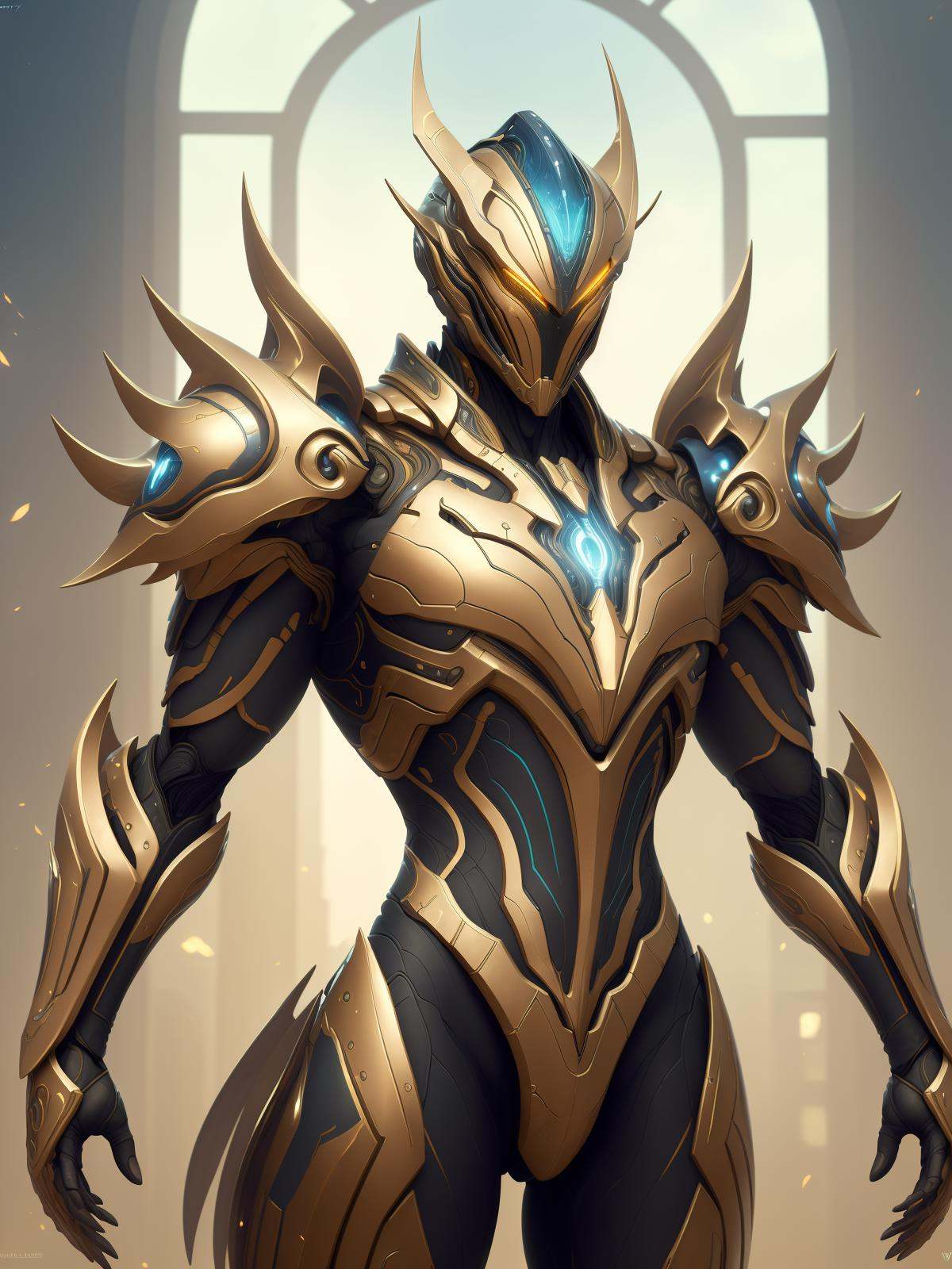 (masterpiece:1.2), best quality, high resolution, unity 8k wallpaper, (illustration:1.0), beautiful detailed, extremely detailed, perfect lighting, extremely detailed CG,glowing eyes,backlighting,  <lora:EnhancedBacklighting_v10:0.2>,armor,full_armor,warframe,looking at the viewer,solo,perspective, <lora:warframe_v1-000012:0.5>