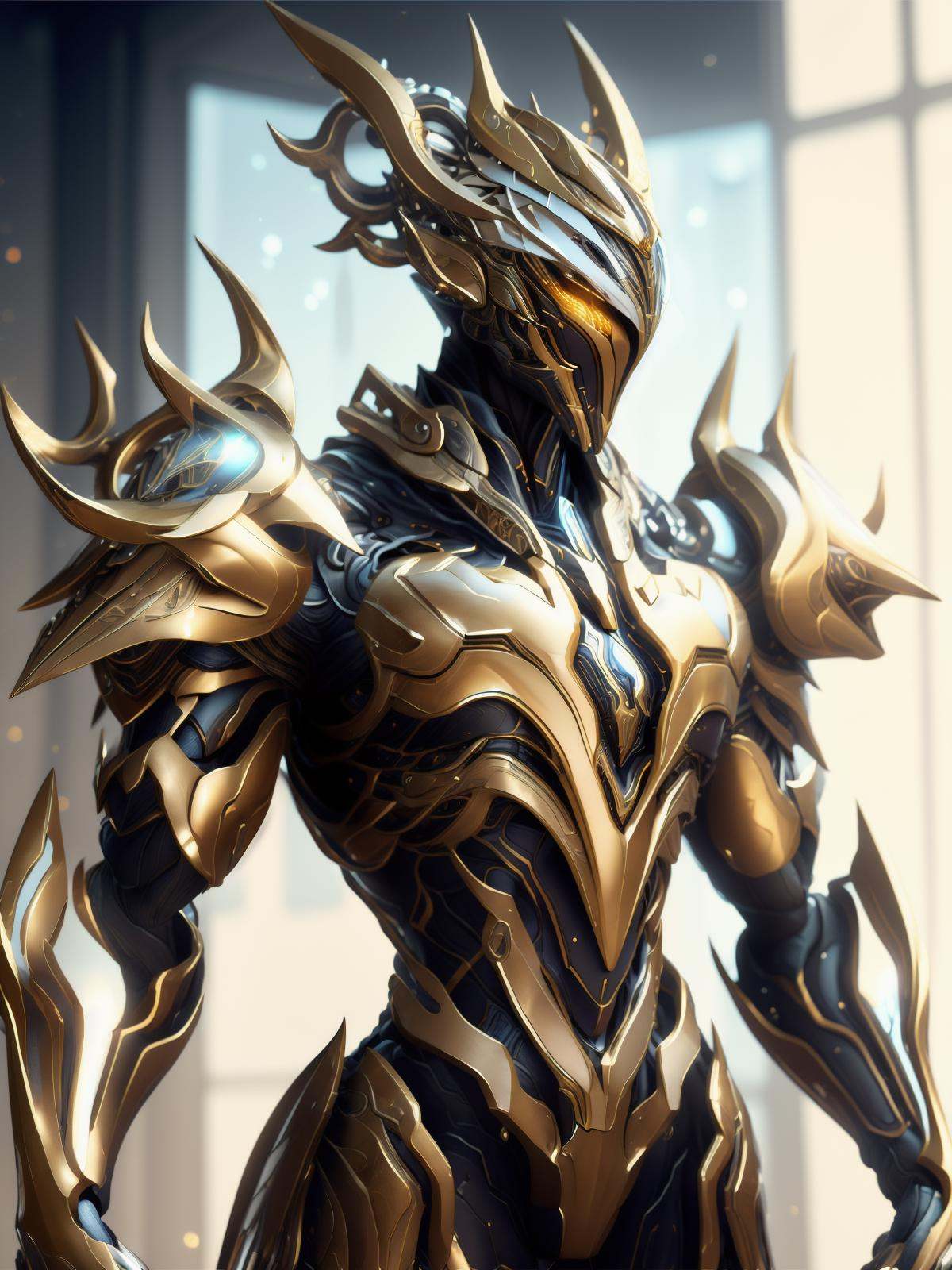 (masterpiece:1.2), best quality, high resolution, unity 8k wallpaper, (illustration:1.0), beautiful detailed, extremely detailed, perfect lighting, extremely detailed CG,glowing eyes,backlighting,  <lora:EnhancedBacklighting_v10:0.2>,armor, fake_horns, glowing, full_armor,warframe,humanoid_robot,horns,helmet,mask,sample_background,looking at the viewer,solo,perspective, <lora:warframe_v1-000012:0.8>