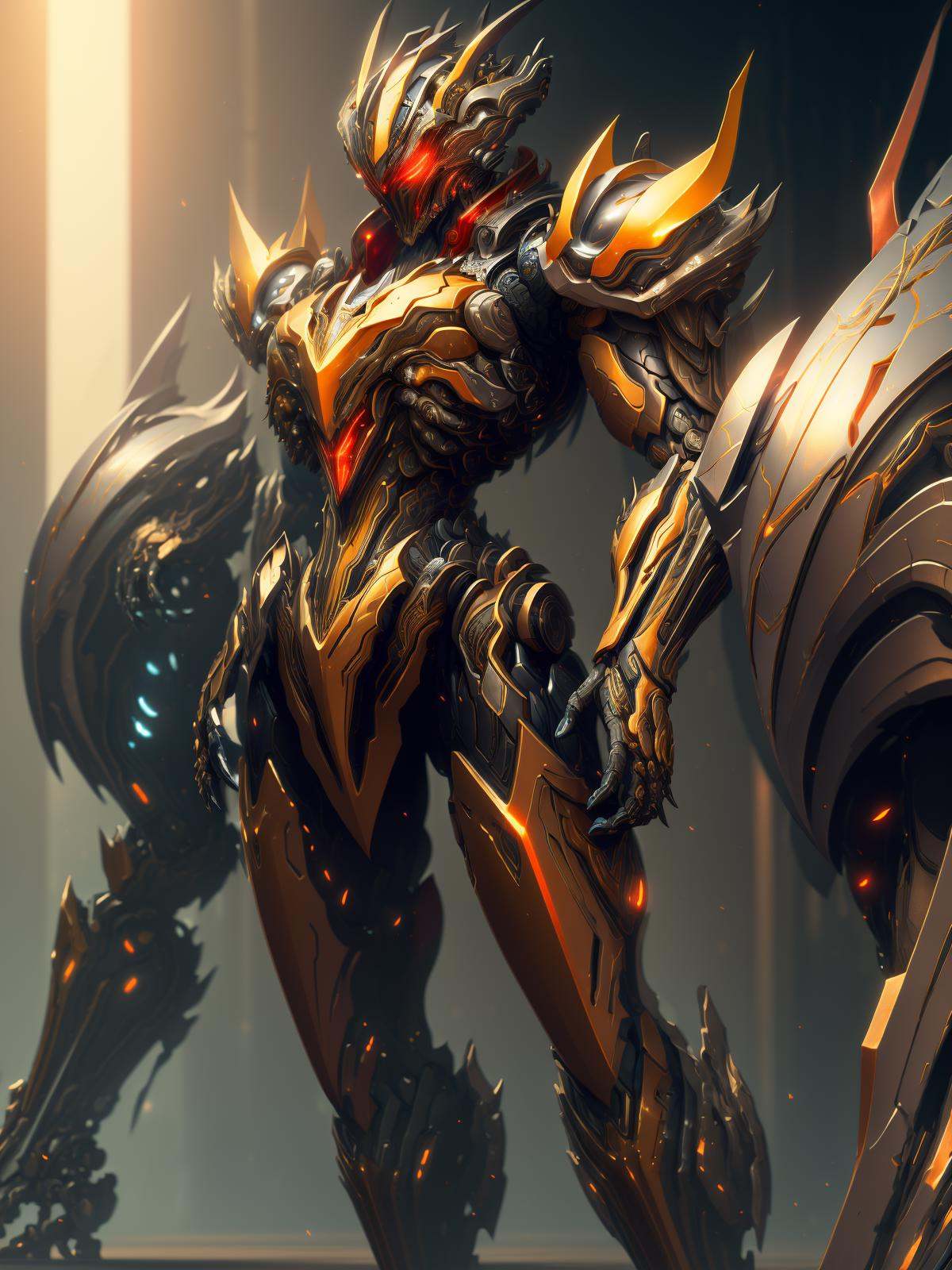 (masterpiece:1.2), best quality, high resolution, unity 8k wallpaper, (illustration:1.0), beautiful detailed, extremely detailed, perfect lighting, extremely detailed CG,glowing eyes,Mech,armor,full_armor,warframe,horns, fake horns, red eyes, global ray tracing,dark_light,looking at the viewer,solo,perspective, <lora:warframe_v1-000012:0.75>