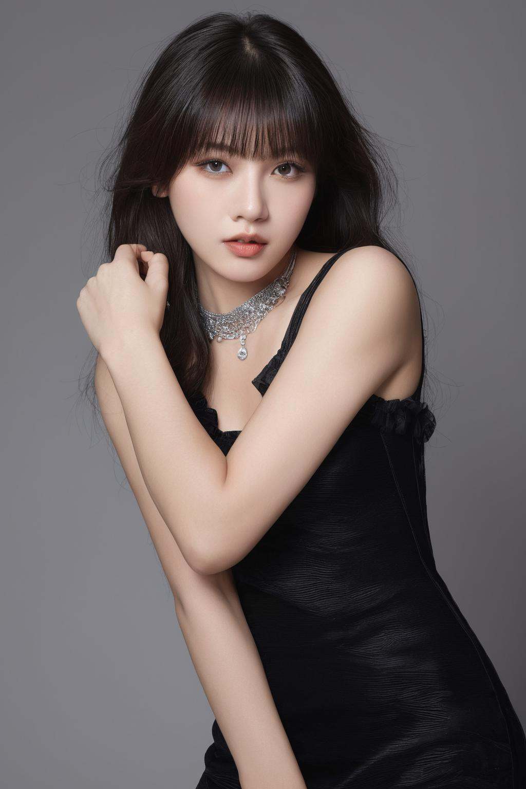 1girl, solo, black hair, thighhighs, dress, ring, long hair, black dress, sleeveless, black thighhighs, garter straps, jewelry, bangs, grey background, sleeveless dress, looking at viewer, lips, standing,best quality, photo \(medium\), realistic,(extremely detailed face:1.2), (extremely detailed eyes:1.2),epic, gorgeous, film grain, grainy,highly detailed, detailed skin texture,