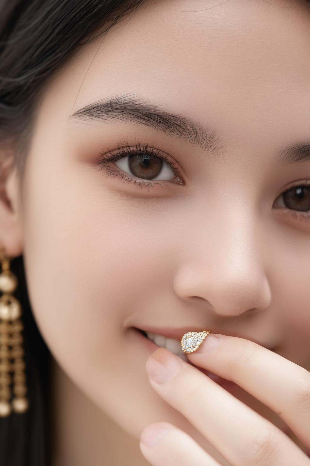 1girl, solo, jewelry, earrings, black hair, long hair, realistic, brown eyes, looking at viewer, lips, smile, portrait, mole,best quality, photo \(medium\), realistic,(extremely detailed face:1.2), (extremely detailed eyes:1.2),epic, gorgeous, film grain, grainy,highly detailed, detailed skin texture,