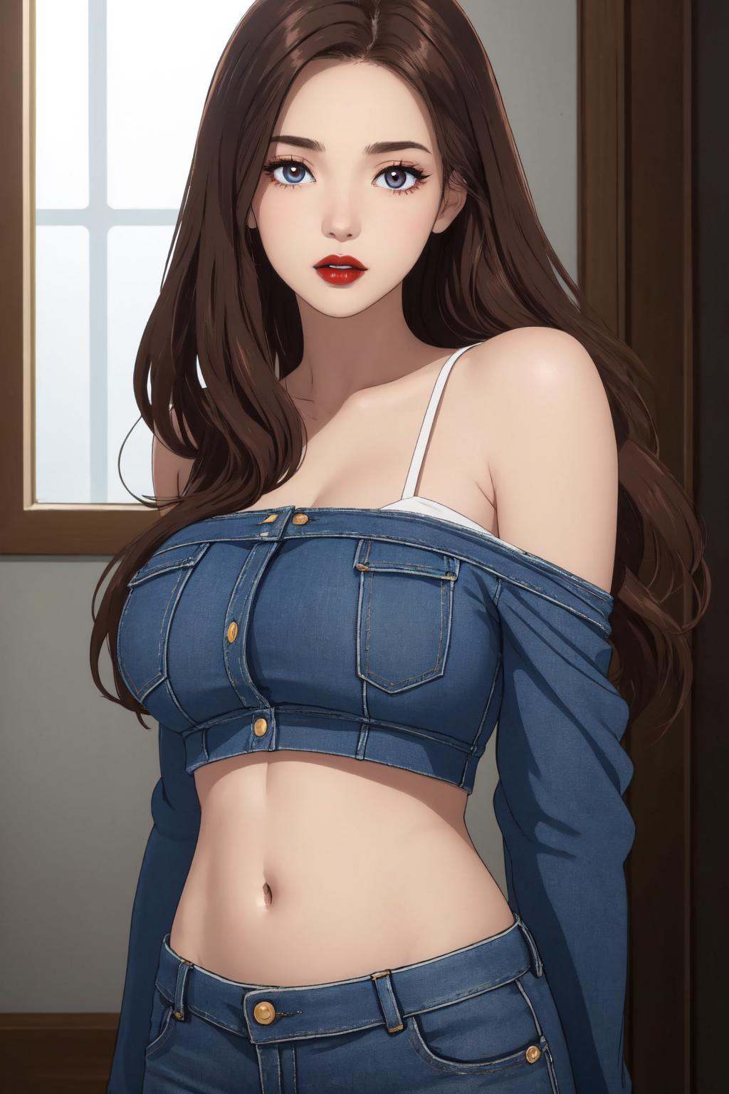 (masterpiece:1.2), best quality, high resolution, unity 8k wallpaper, (illustration:1.0), beautiful detailed eyes:, extremely detailed face, perfect lighting,photo_\(medium\), photorealistic, realistic,1girl, solo, denim, pants, navel, jeans, midriff, looking at viewer, arm behind back, brown hair, long hair, brown eyes, bare shoulders, black hair, crop top, red lips, parted lips, makeup, lips, blue pants, breasts