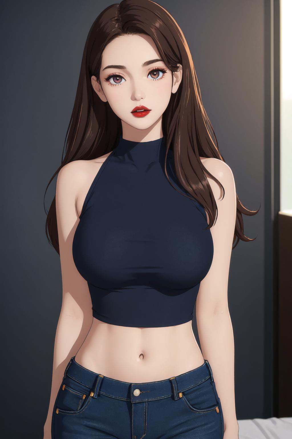 (masterpiece:1.2), best quality, high resolution, unity 8k wallpaper, (illustration:1.0), beautiful detailed eyes:, extremely detailed face, perfect lighting,photo_\(medium\), photorealistic, realistic,1girl, solo, denim, pants, navel, jeans, midriff, looking at viewer, arm behind back, brown hair, long hair, brown eyes, bare shoulders, black hair, crop top, red lips, parted lips, makeup, lips, blue pants, breasts