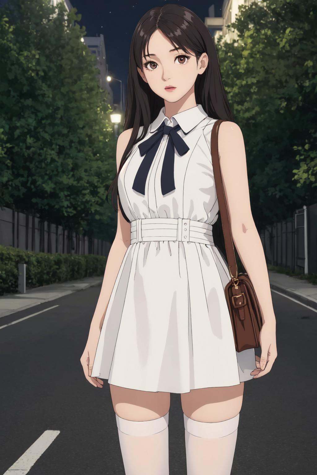 (masterpiece:1.2), best quality, high resolution, unity 8k wallpaper, (illustration:1.0), beautiful detailed eyes:, extremely detailed face, perfect lighting,photo_\(medium\), photorealistic, realistic,1girl, solo, handbag, thighhighs, dress, bag, white dress, black hair, outdoors, tree, white thighhighs, night, looking at viewer, road, long hair, holding, sleeveless, standing, realistic, sleeveless dress, brown eyes