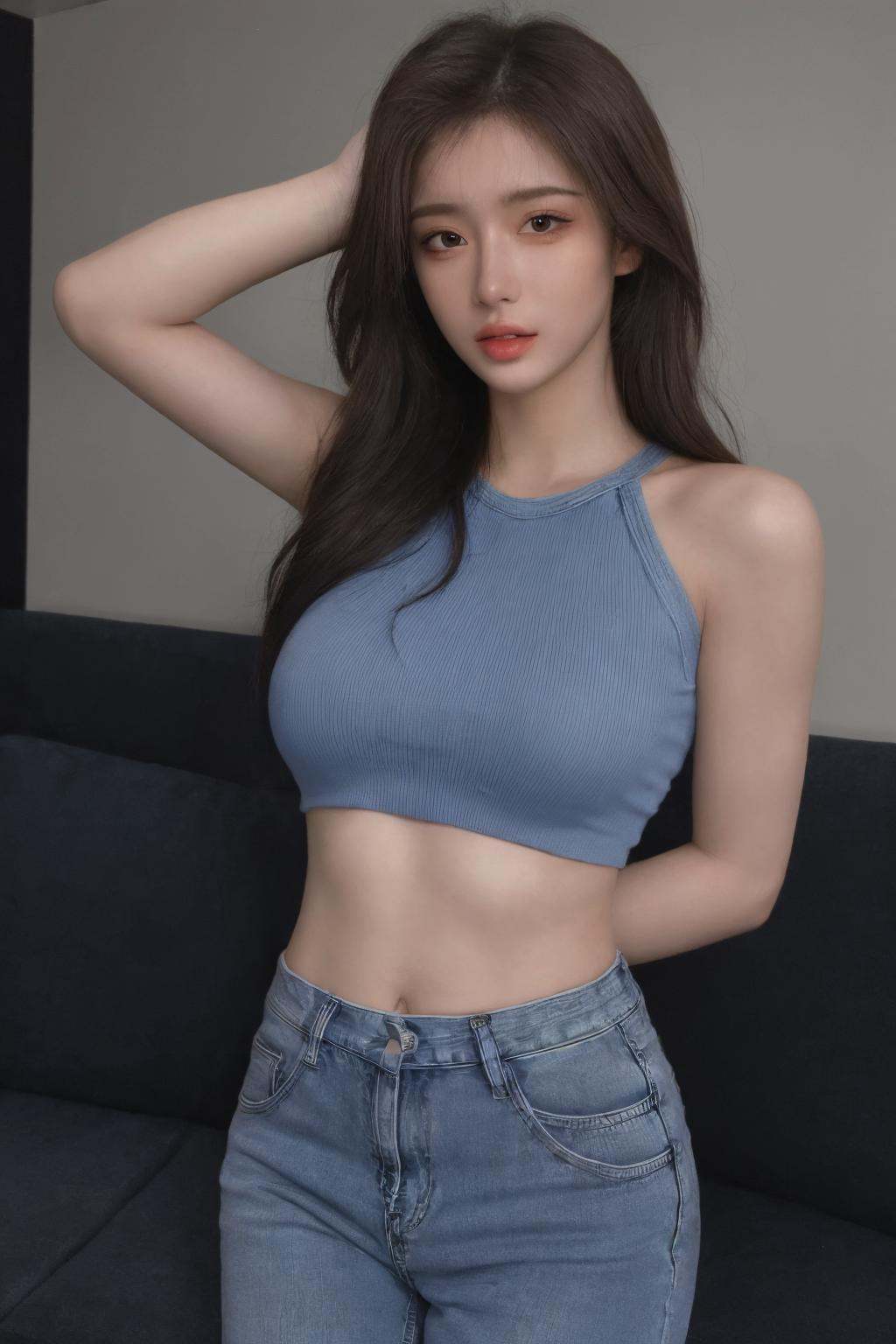 (masterpiece:1.2),best quality,high resolution,unity 8k wallpaper,(illustration:1),beautiful detailed eyes:,extremely detailed face,perfect lighting,photo_\(medium\),photorealistic,realistic,1girl, solo, denim, pants, navel, jeans, midriff, looking at viewer, arm behind back, brown hair, long hair, brown eyes, bare shoulders, black hair, crop top,parted lips, makeup, lips, blue pants, breasts,<lora:hongshufeng_v3:0.25>