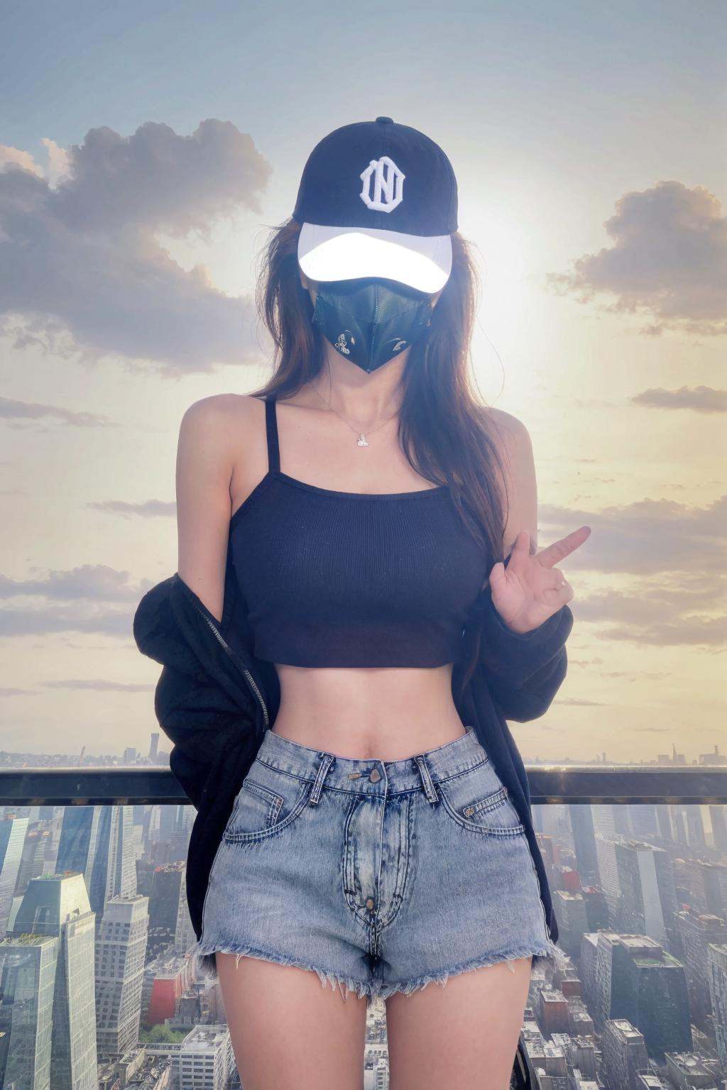 (masterpiece:1.2),best quality,high resolution,unity 8k wallpaper,(illustration:1),beautiful detailed eyes:,extremely detailed face,perfect lighting,photo_\(medium\),photorealistic,realistic,hat, shorts, baseball cap, long hair, 1girl, necklace, denim, solo, jewelry, jacket, sky, denim shorts, brown hair, **** top, off shoulder, building, mask, cityscape, short shorts, black hair, midriff, city, day, plaid, crop top,<lyco:InsPX:0.3>