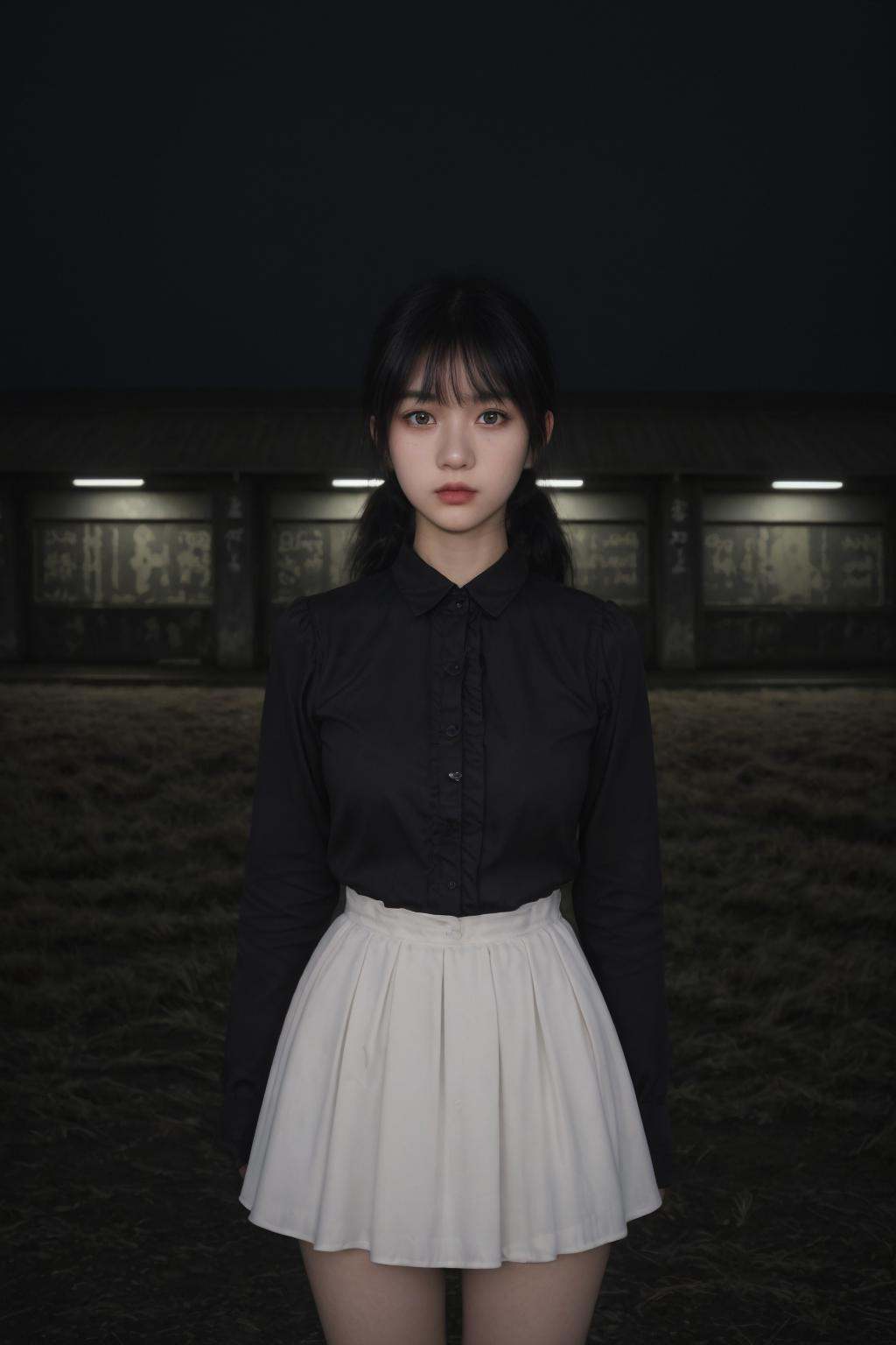 (masterpiece:1.2),best quality,high resolution,unity 8k wallpaper,(illustration:1),perfect lighting,photo_\(medium\),photorealistic,realistic,<lyco:GoodHands-beta2:1>,a girl standing alone in front of an old, shabby, unlit transit station in a deserted countryside on a dark night, film grain, depth of field, analog film style, vivid color, 1girl, slender body, full body, beautiful eyes, beautiful symmetrical face, ponytail, bangs, blouse, skirt, fog, (night, dark, dark photo, grainy, dimly lit:1.3),<lora:more_details:0.3>, <lyco:InstantPhotoX3:0.3>