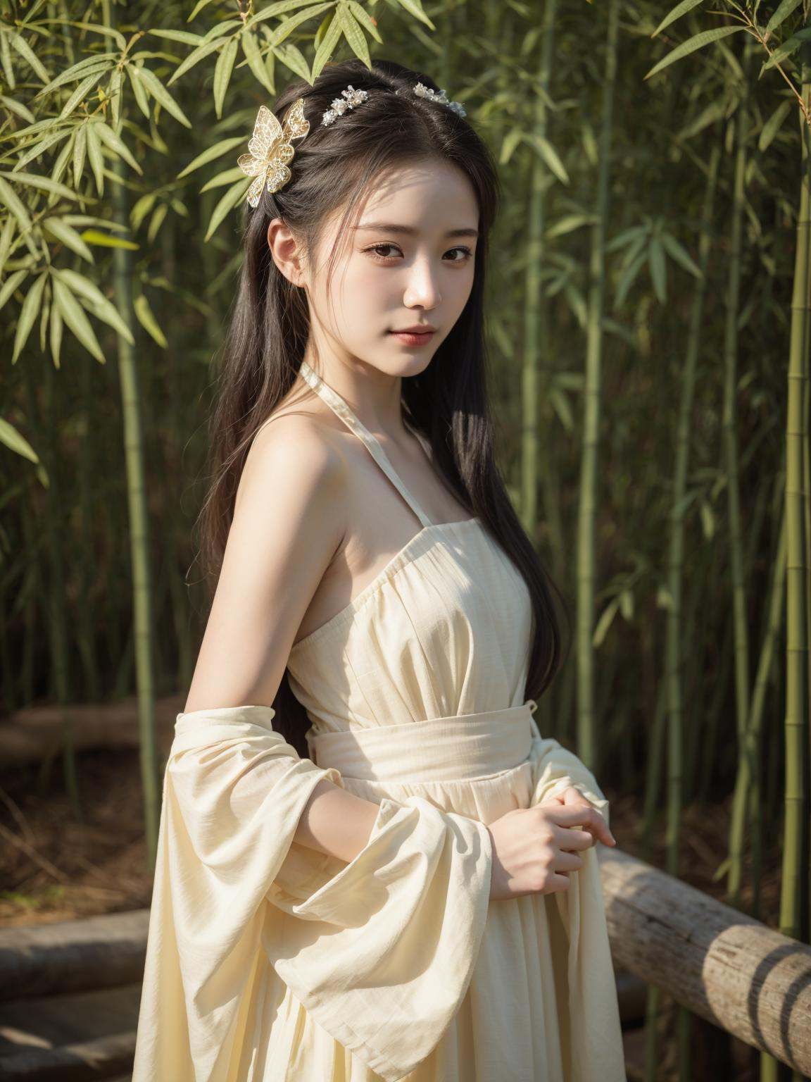 (masterpiece:1.3),best quality,high resolution,unity 8k wallpaper,(illustration:1),perfect lighting,photo_\(medium\),photorealistic,realistic,finely detail,extremely detailed,soft lighting and shadow,soft yet striking lighting,film grain:1.2,1girl, solo, hair ornament, black hair, chinese clothes, looking at viewer, butterfly hair ornament, upper body, realistic, long hair, hanfu, dress, blurry,outdoors, east asian architecture,bamboo forest, 