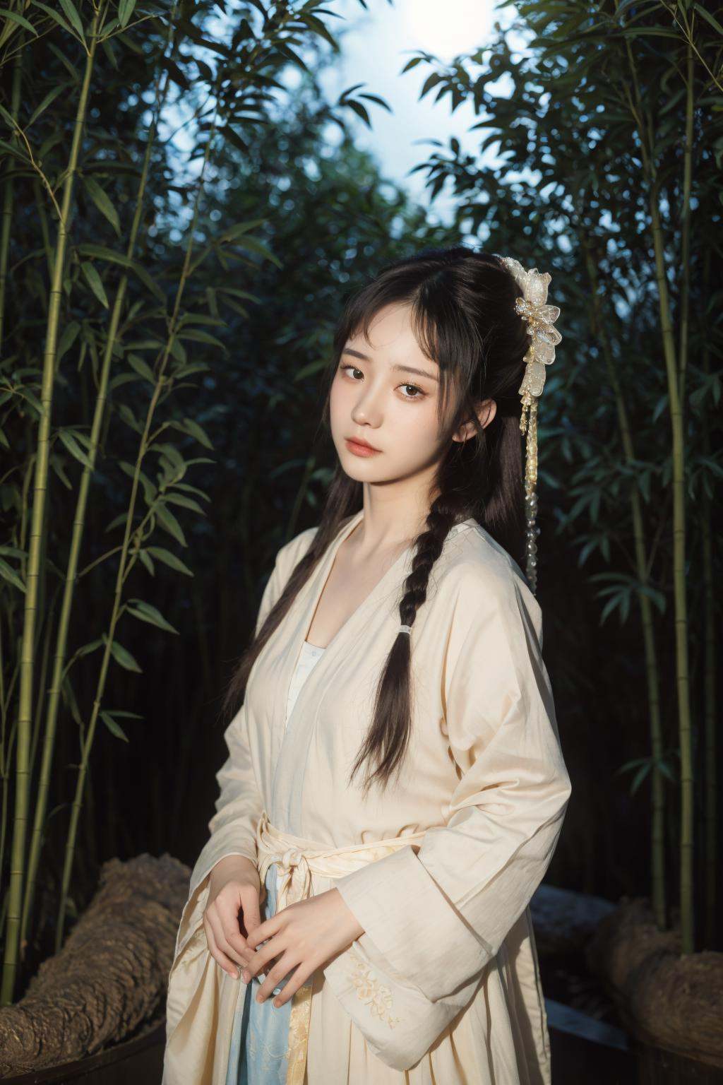 (masterpiece:1.3),best quality,high resolution,unity 8k wallpaper,(illustration:1),perfect lighting,photo_\(medium\),photorealistic,realistic,<lora:GoodHands-vanilla:1>finely detail,extremely detailed,soft lighting and shadow,soft yet striking lighting,film grain:1.2,1girl, solo, hair ornament, black hair, chinese clothes, looking at viewer, butterfly hair ornament, upper body, realistic, long hair, hanfu, dress, blurry,outdoors, east asian architecture,bamboo forest, night,<lora:InstantPhotoX3:0.3>