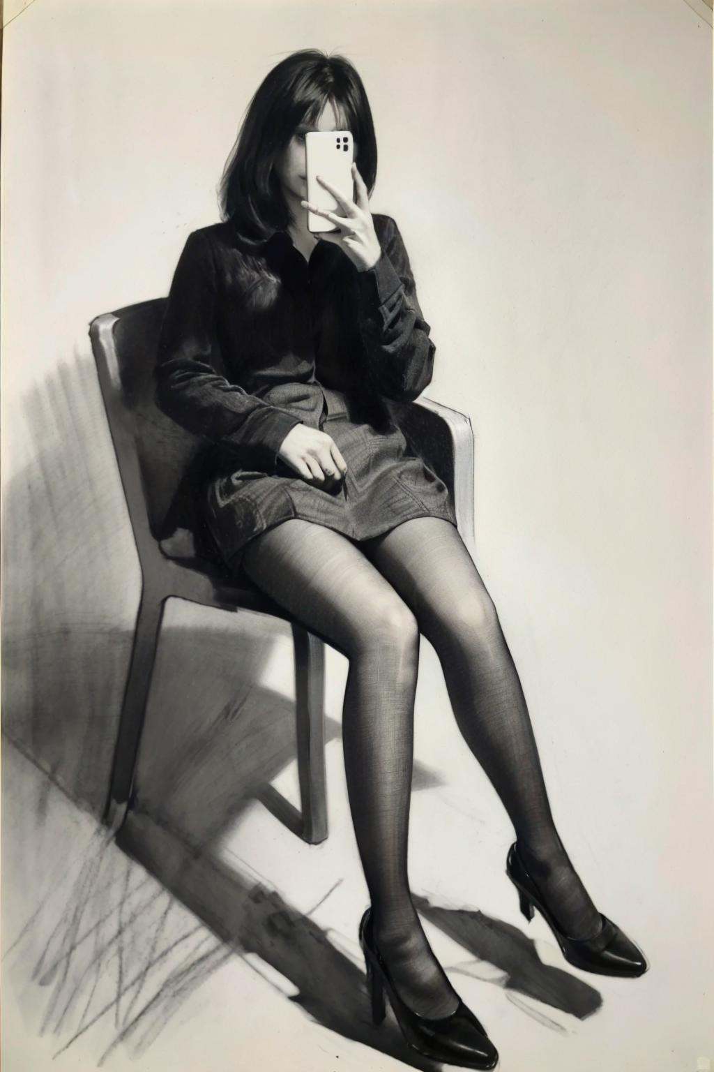 sketch, 1girl, monochrome, solo, greyscale, phone, sitting, cellphone, high heels, pantyhose, holding phone, smartphone, chair, holding, legs, skirt, traditional media, selfie, full body, long sleeves,<lora:GoodHands-vanilla:1>,best quality,high resolution,unity 8k wallpaper,photo_\(medium\),<lora:sumiao-000022:0.75>,